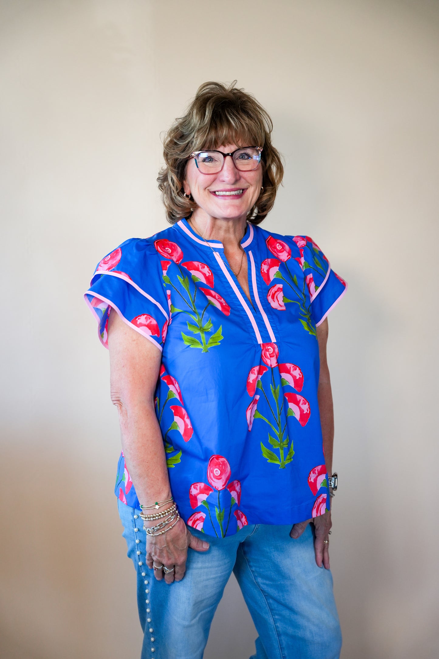 Bold Blue Floral Print Top