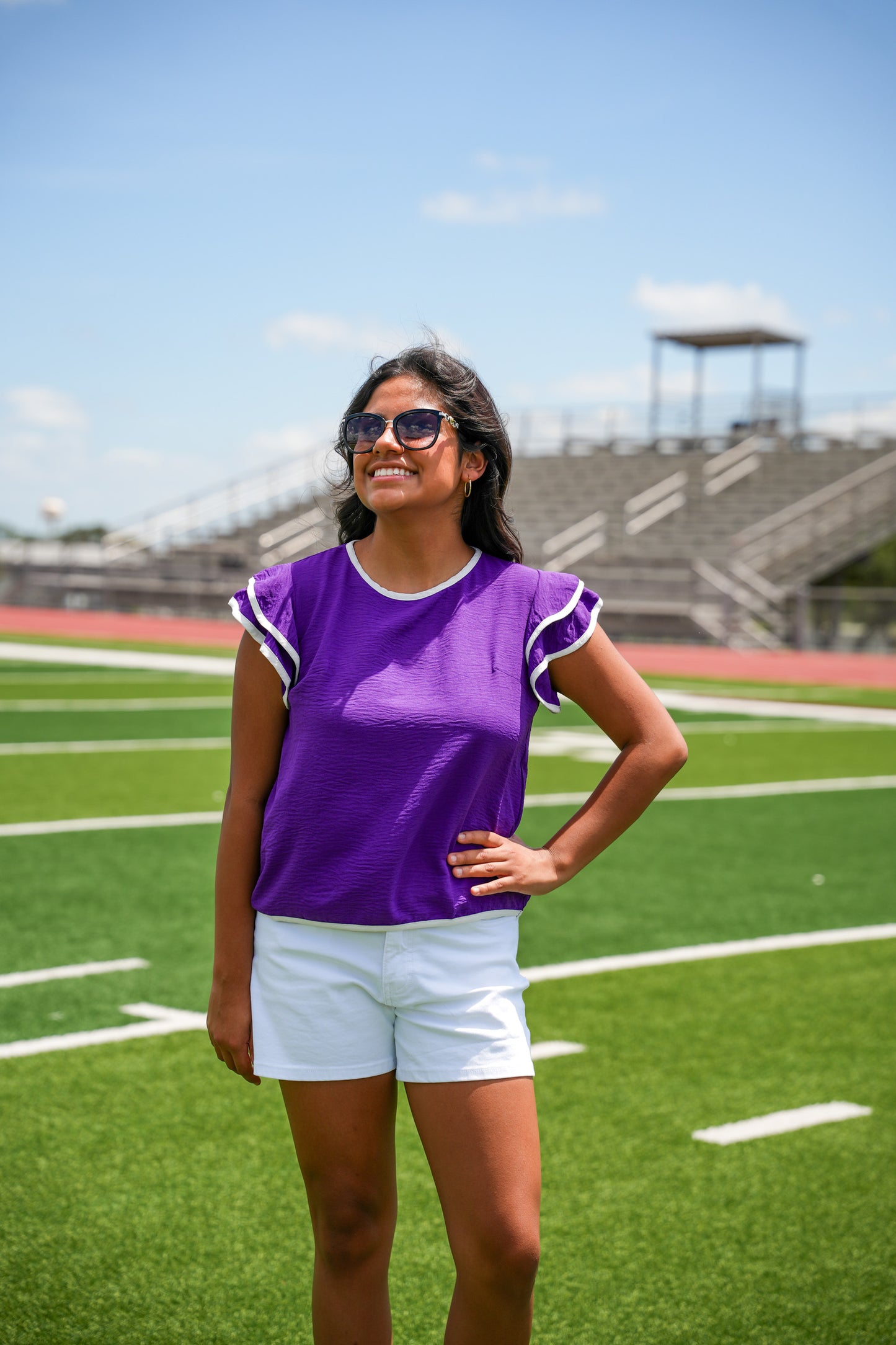 Purple Contrast Piping Ruffle Sleeve Top