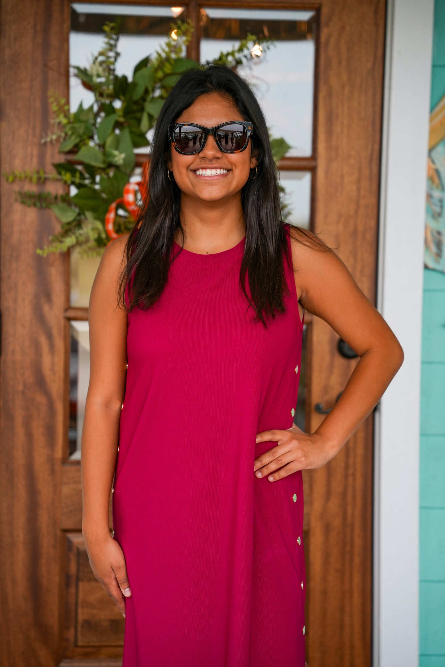 Cranberry Gold Button Maxi Dress