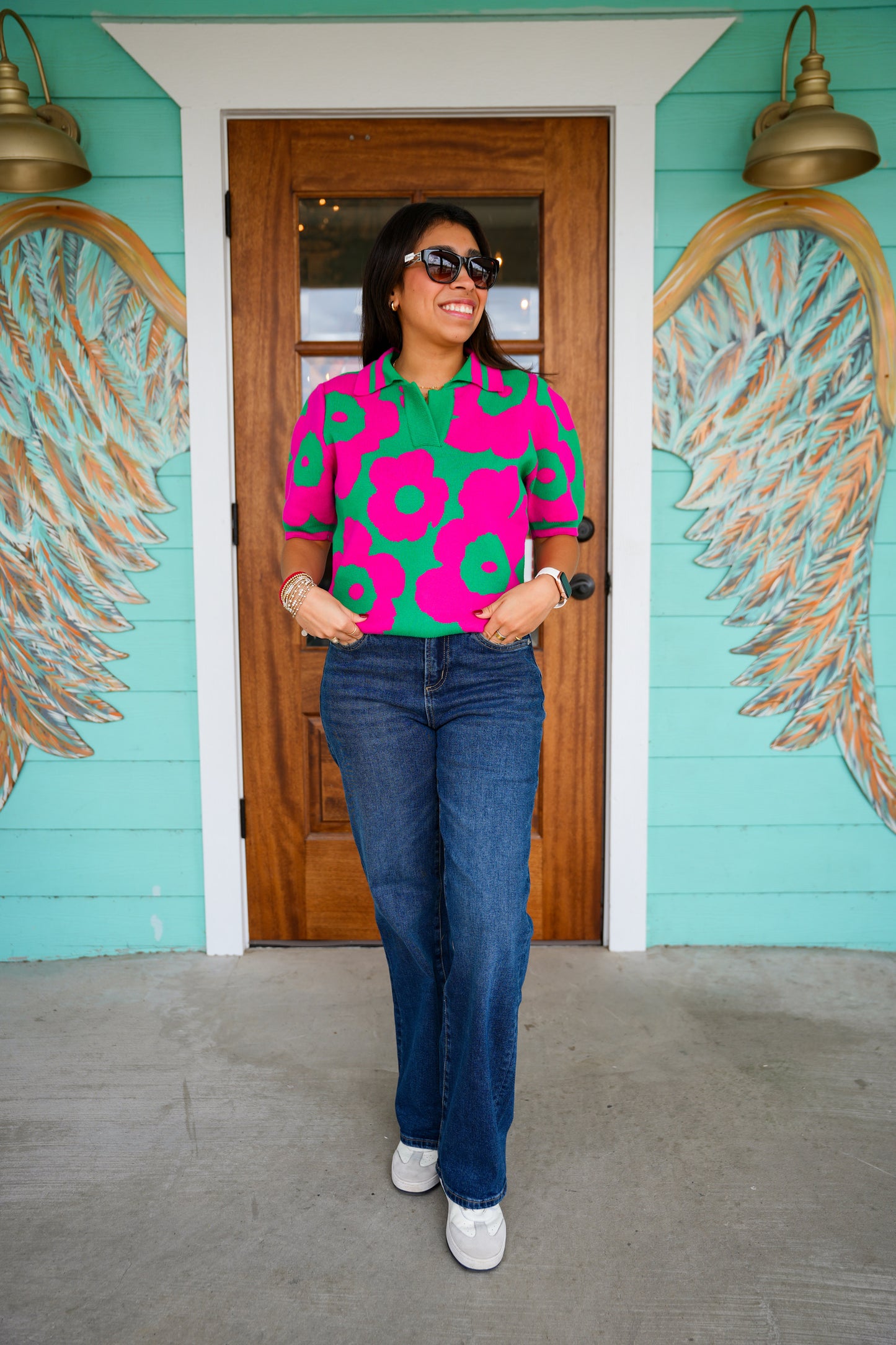 Magenta & Green Floral Sweater Top