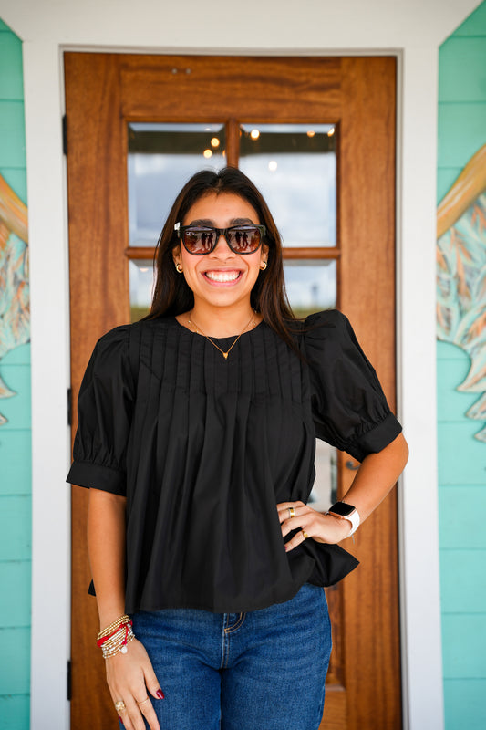 Black Short Sleeve Pintuck Top