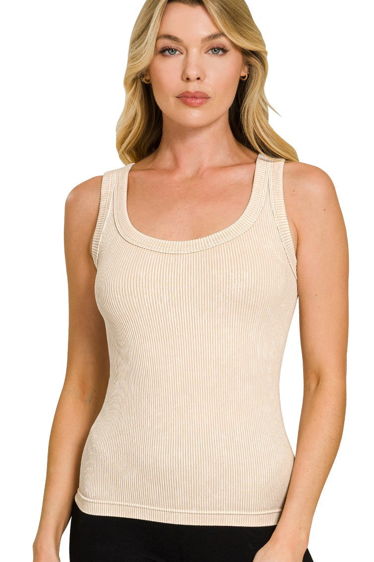 Sand Beige 2 Way Neckline Ribbed Tank Top