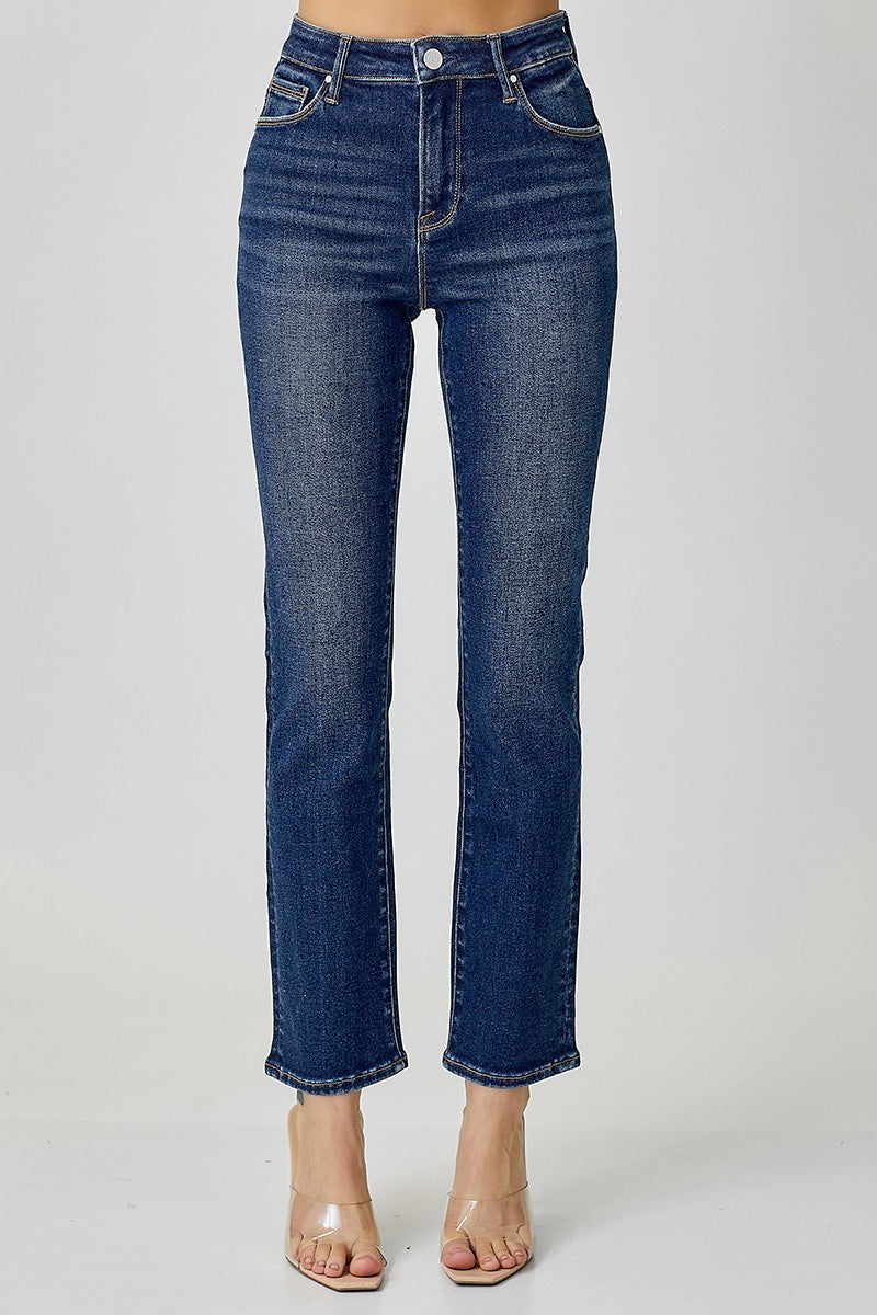 Risen Dark Mid Rise Ankle Straight Jeans