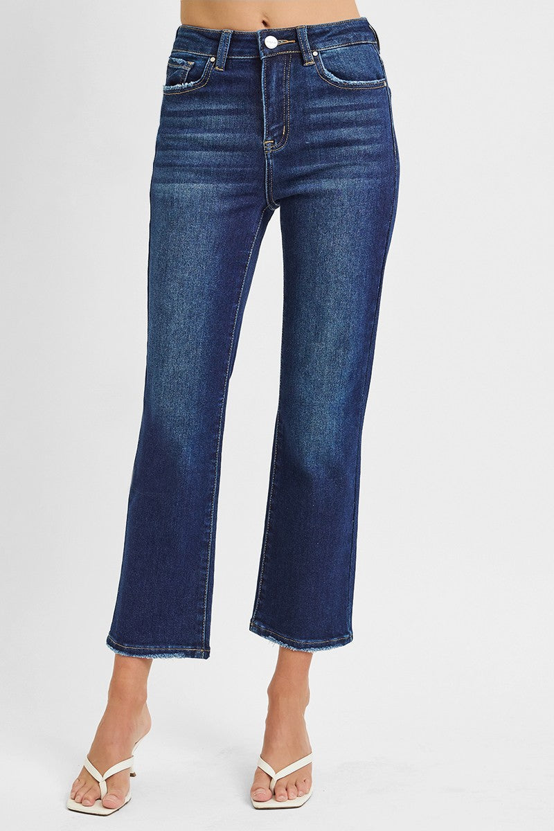 Risen High Rise Dark Straight Crop Jeans