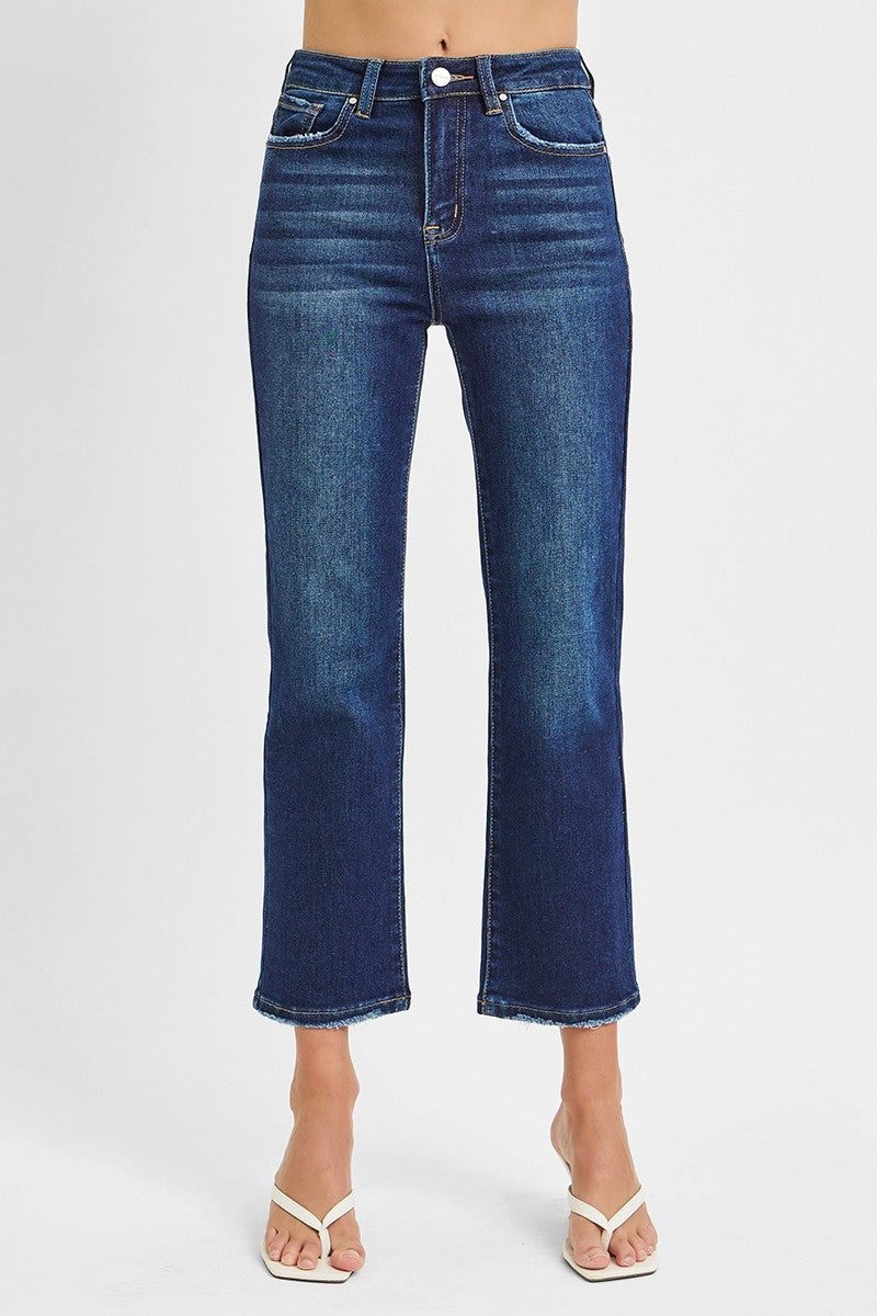 Risen High Rise Dark Straight Crop Jeans