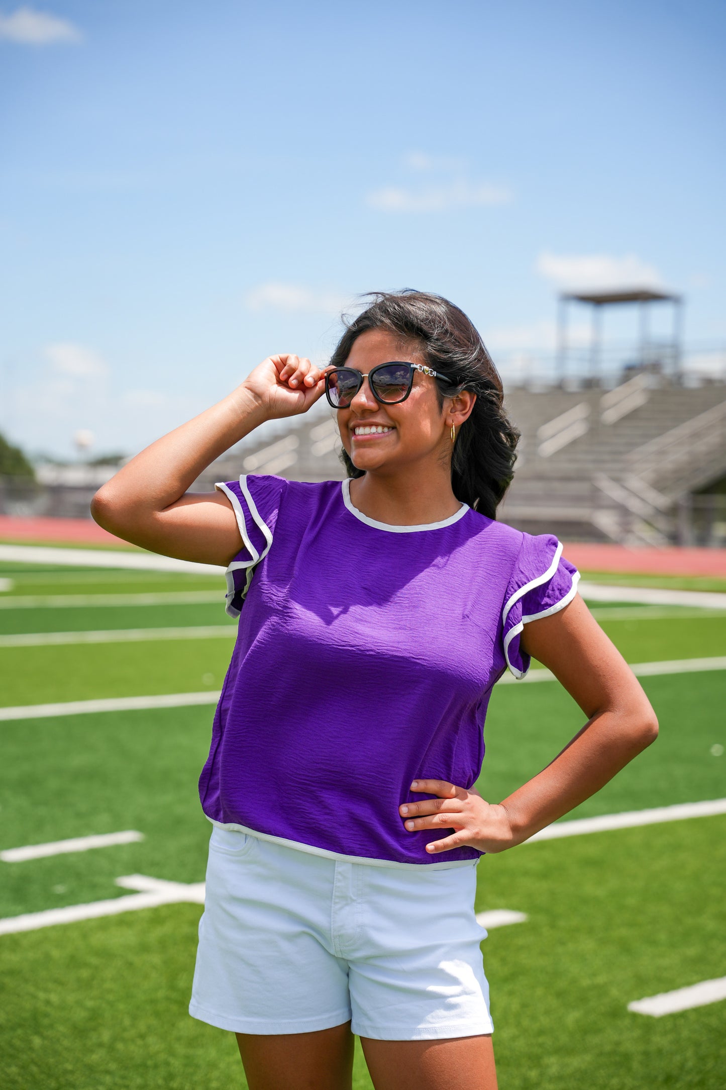 Purple Contrast Piping Ruffle Sleeve Top