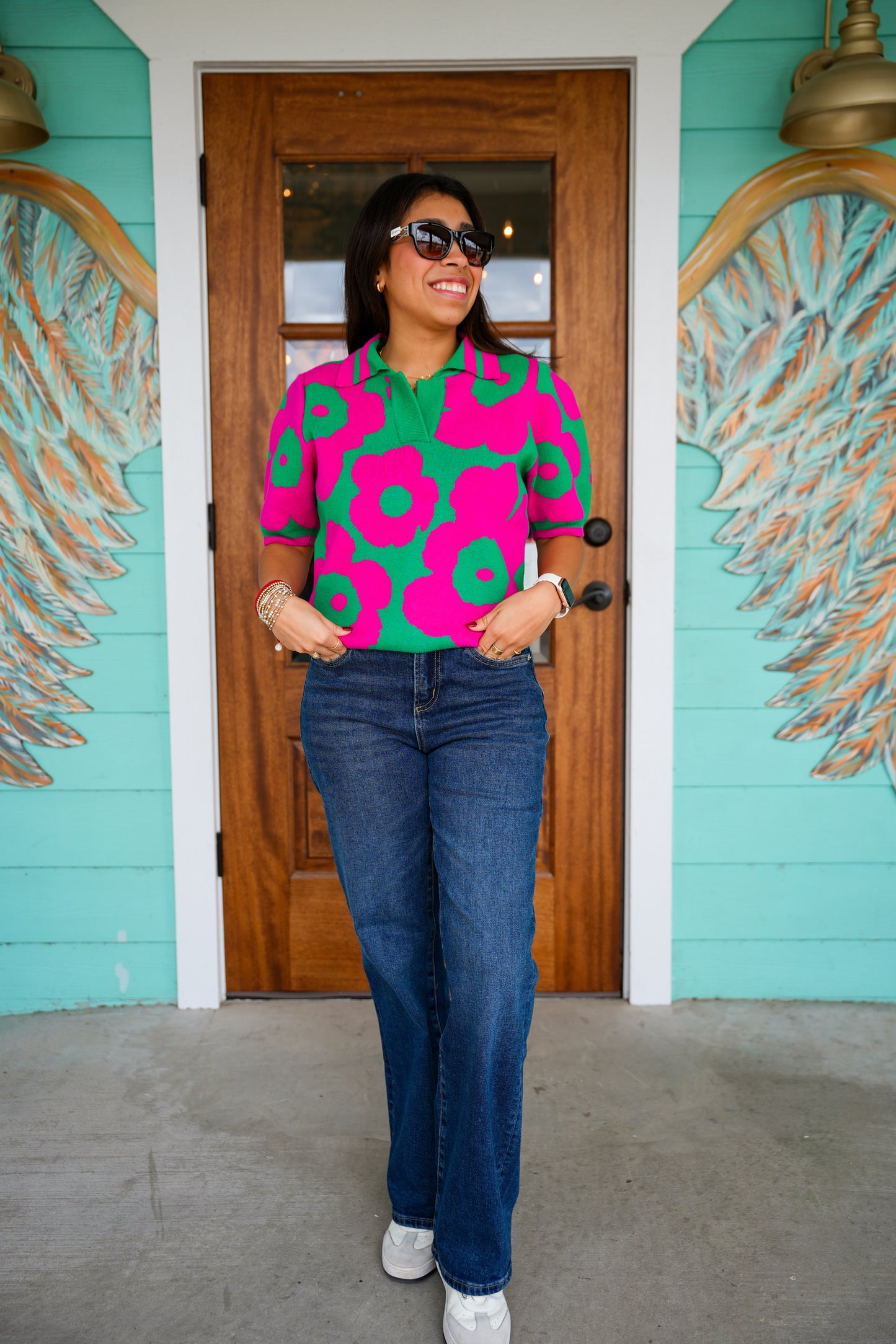 Magenta & Green Floral Sweater Top