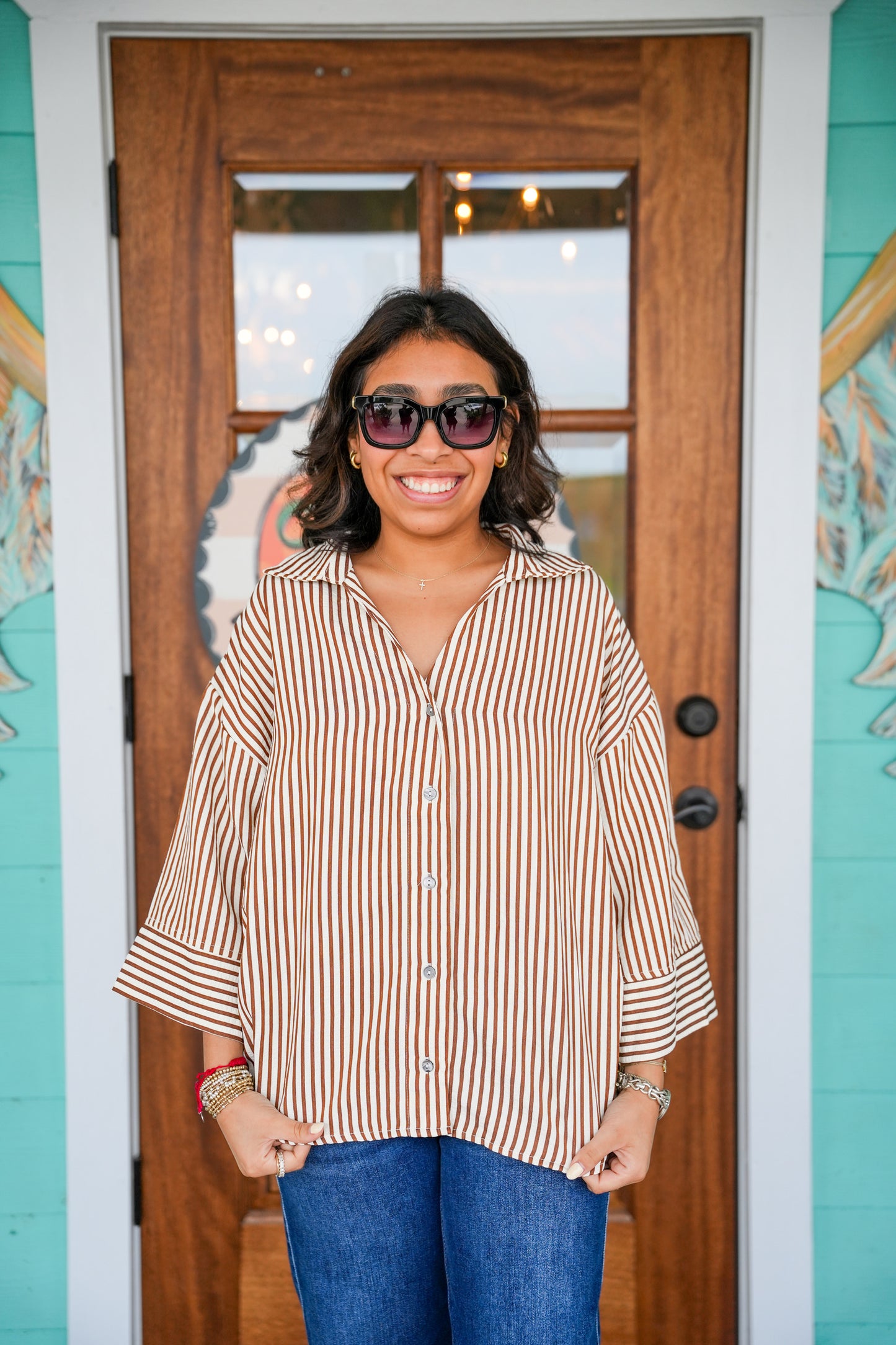 Brown Striped 3/4 Sleeve Top