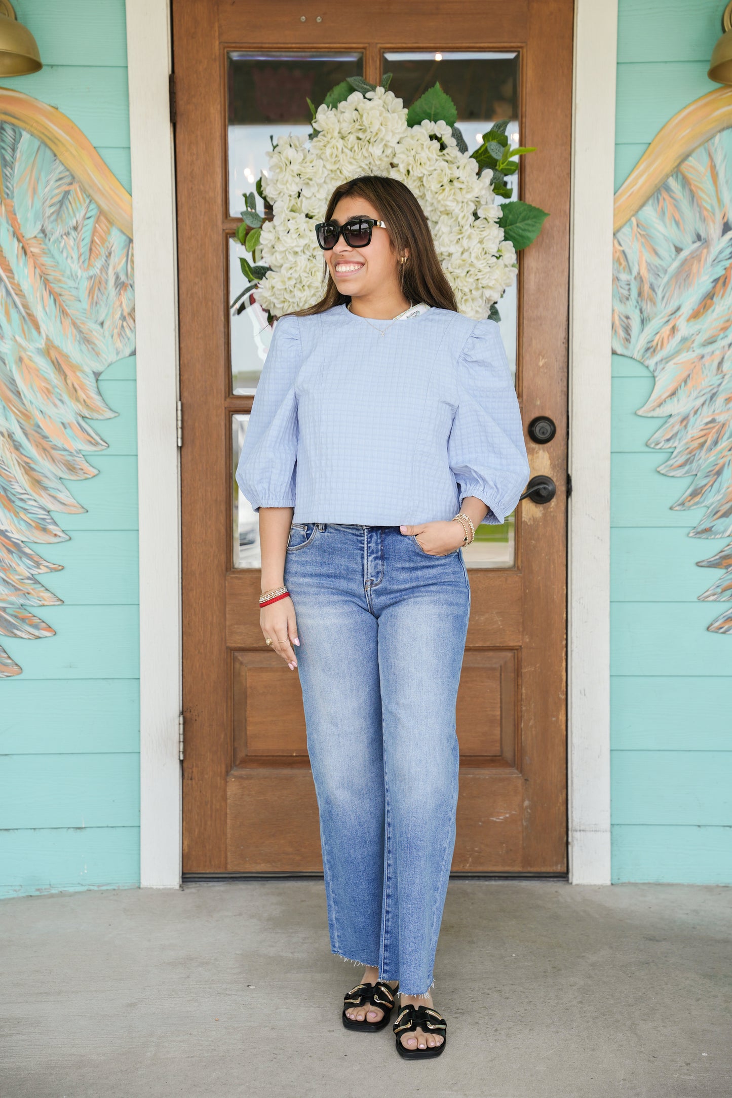Light Blue Textured Puff Sleeve Top