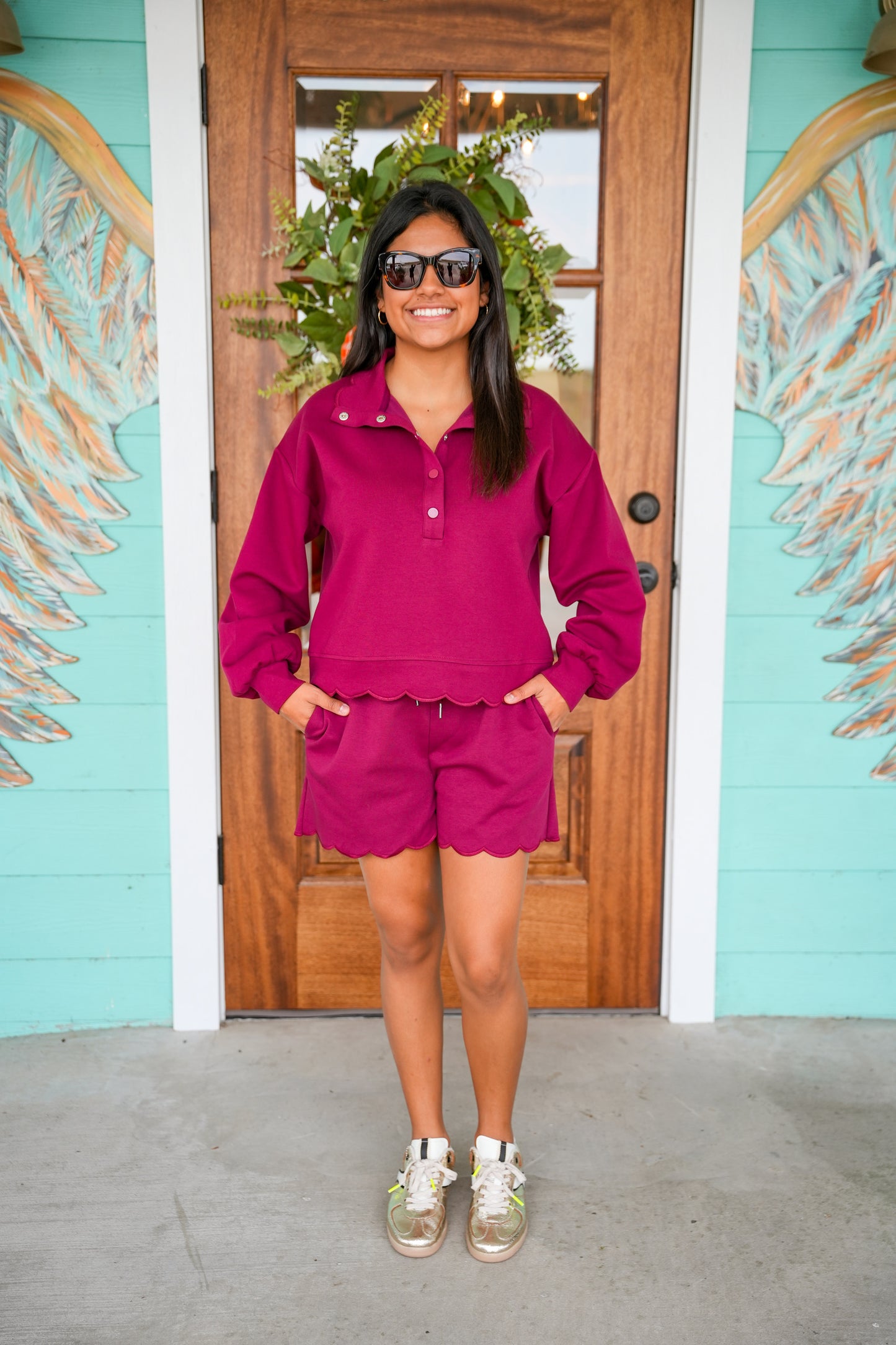 Burgundy Scallop Detail Shorts