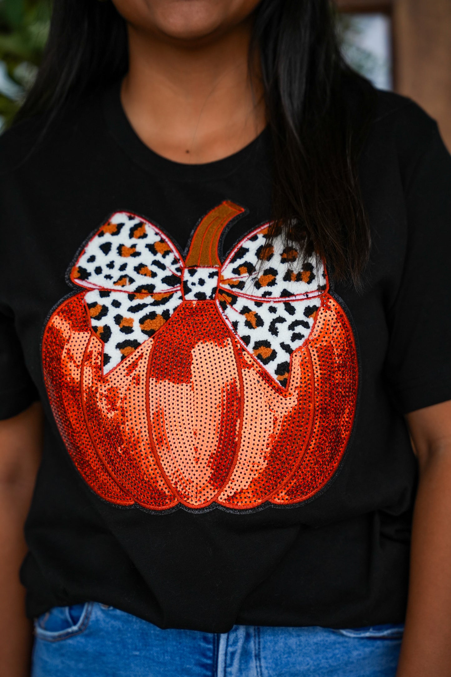 Sequin Pumpkin Leopard Bow Black Tee