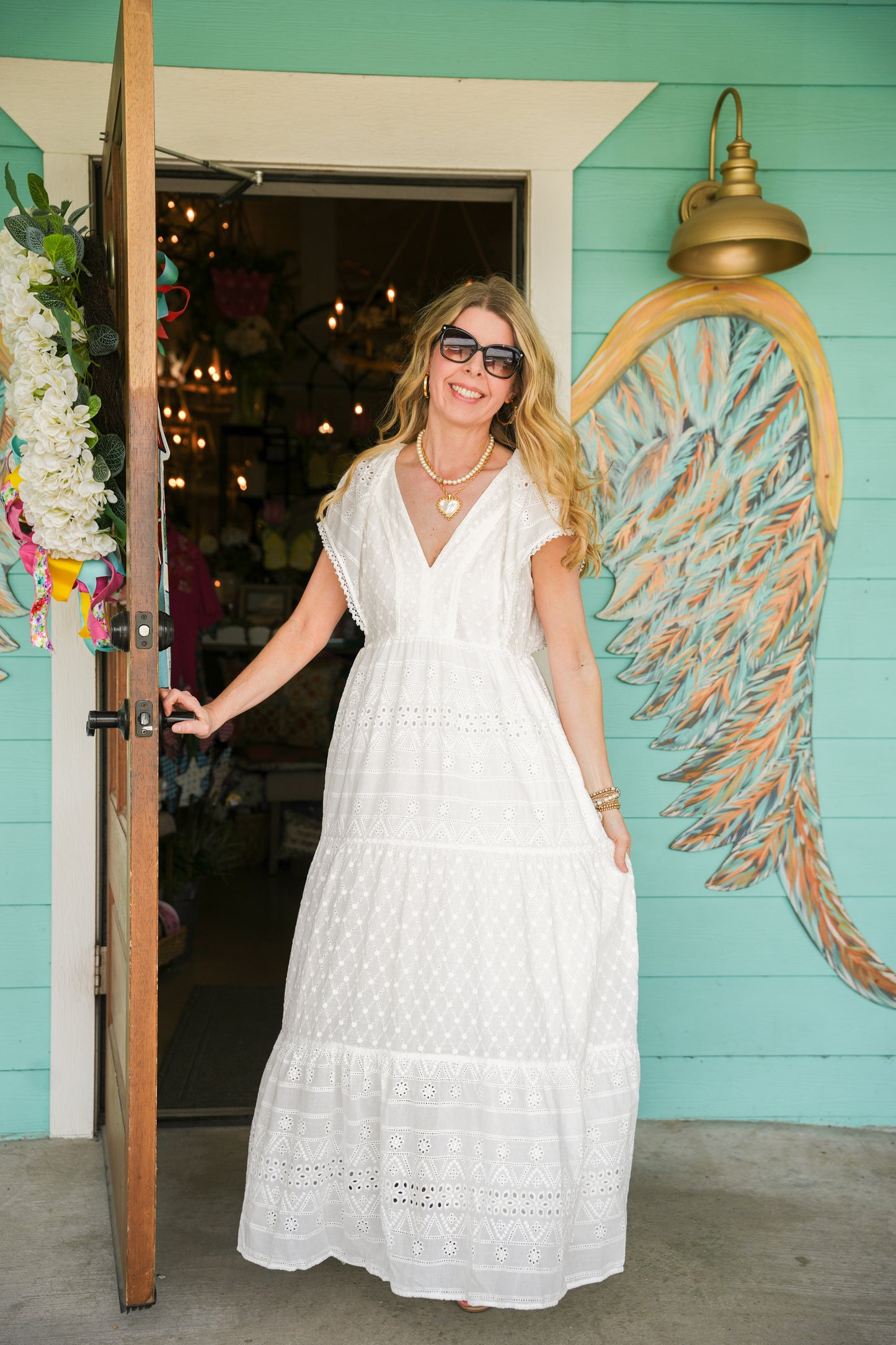 White Eyelet Pearl Detail Maxi Dress