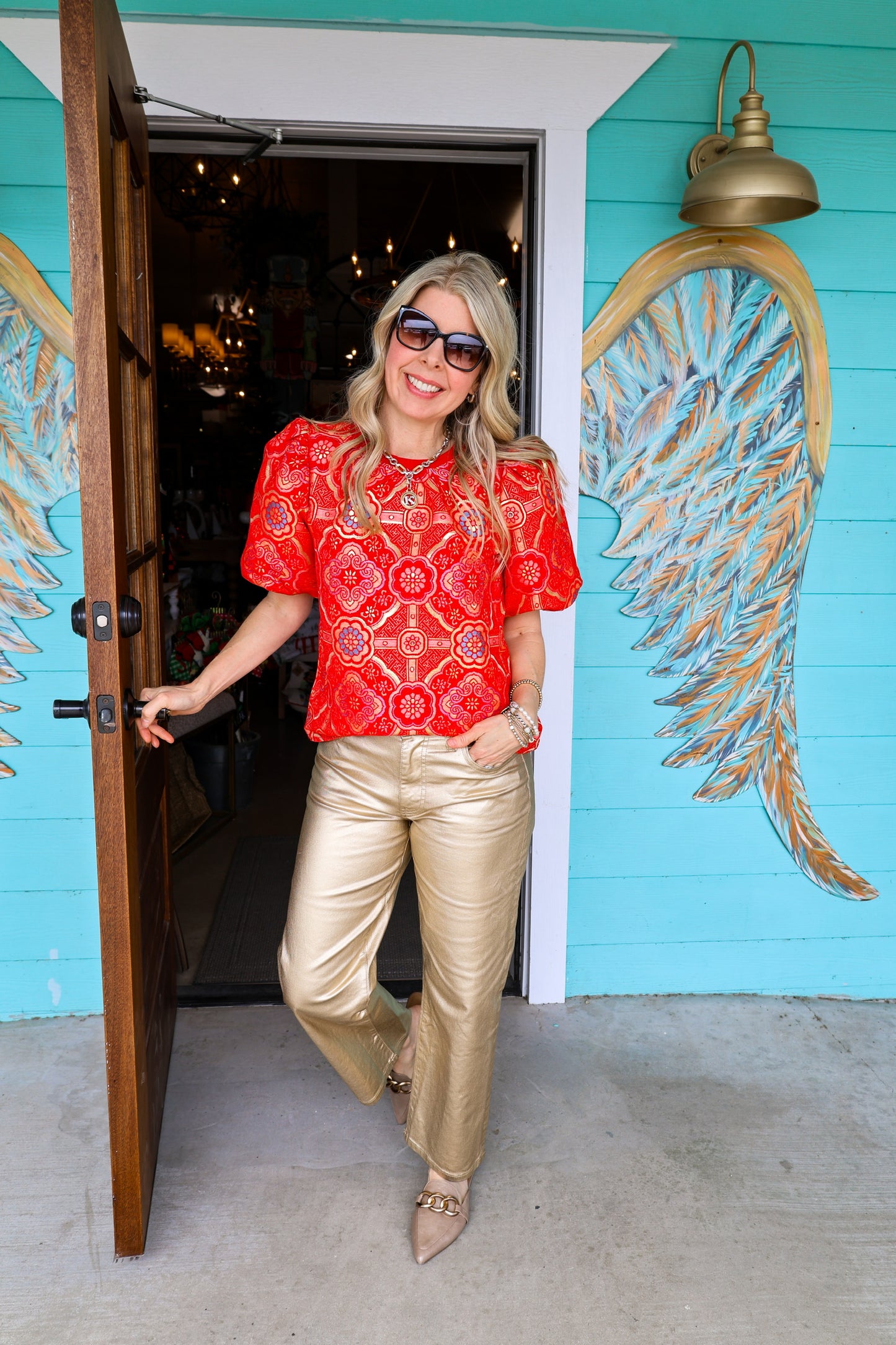 Red Jacquard Print Top