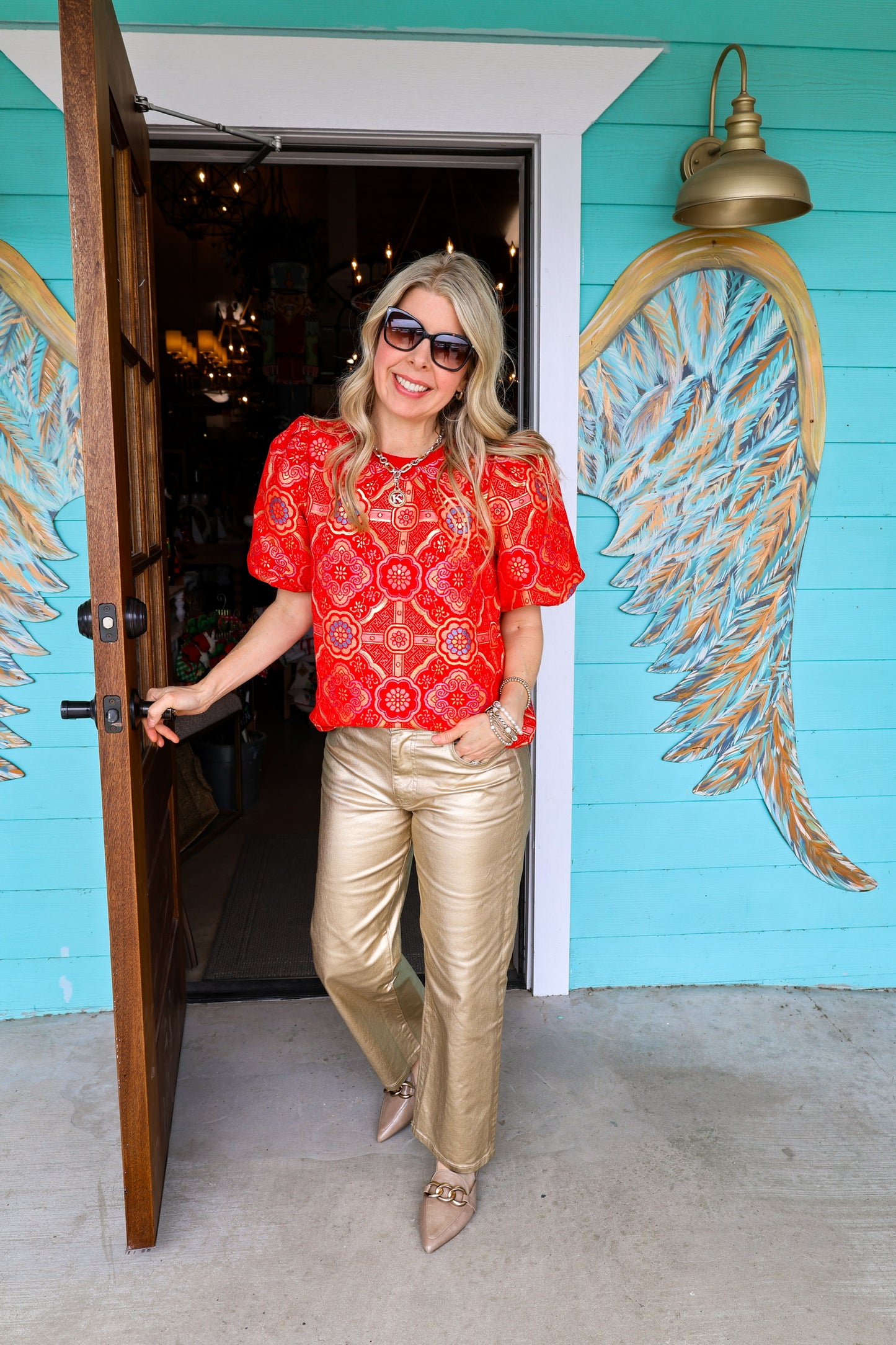 Red Jacquard Print Top