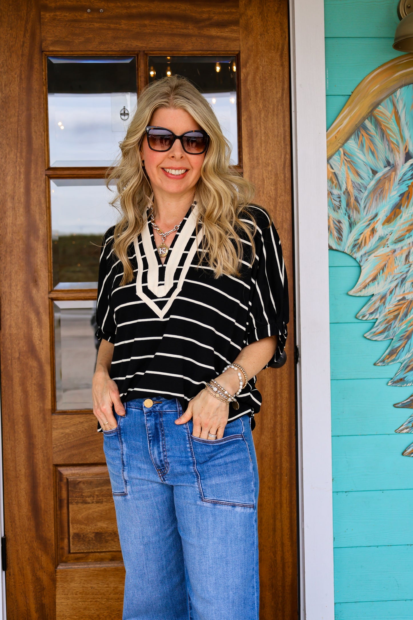 Black Stripe Dolman V-Neck Top