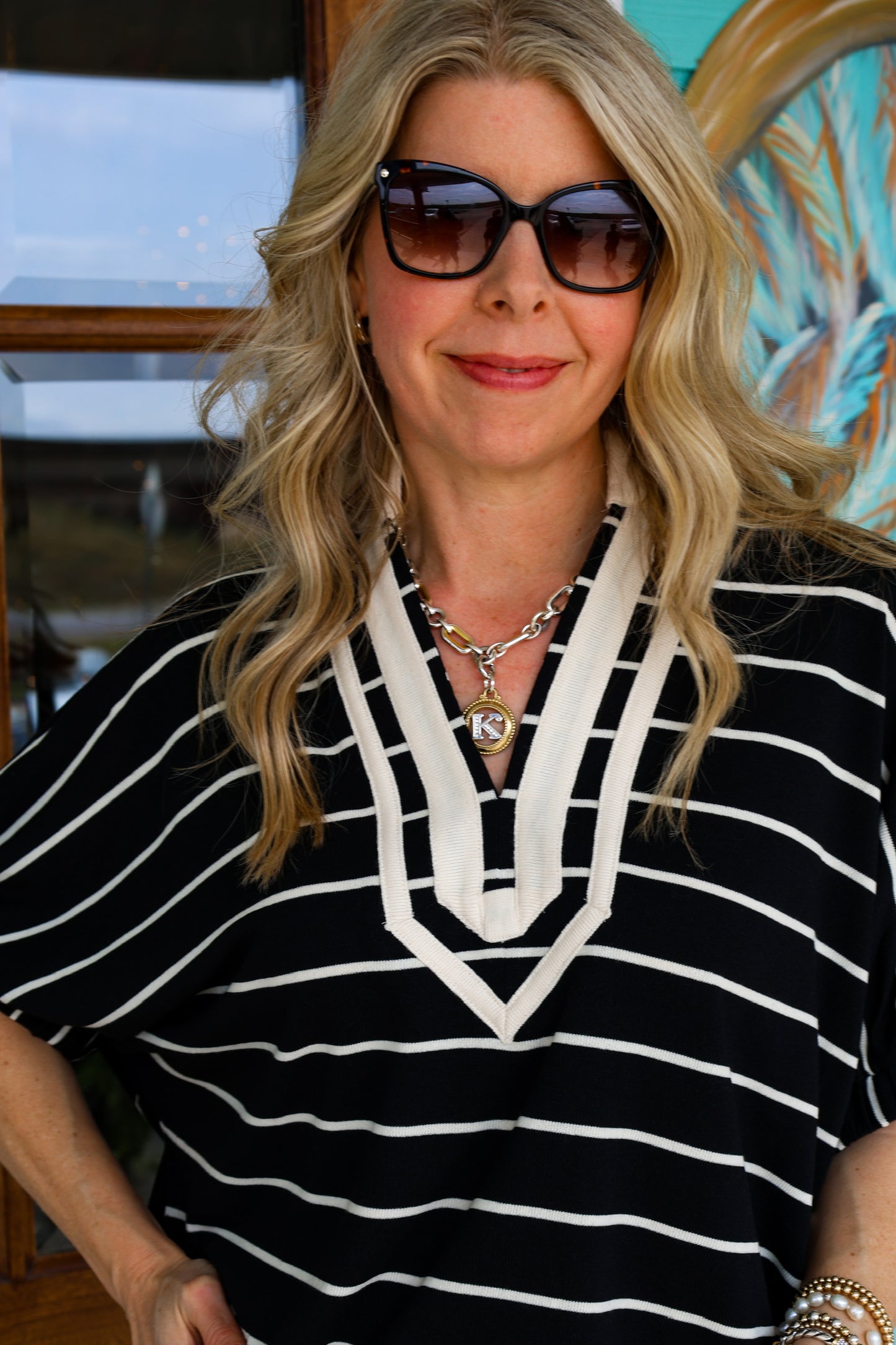 Black Stripe Dolman V-Neck Top