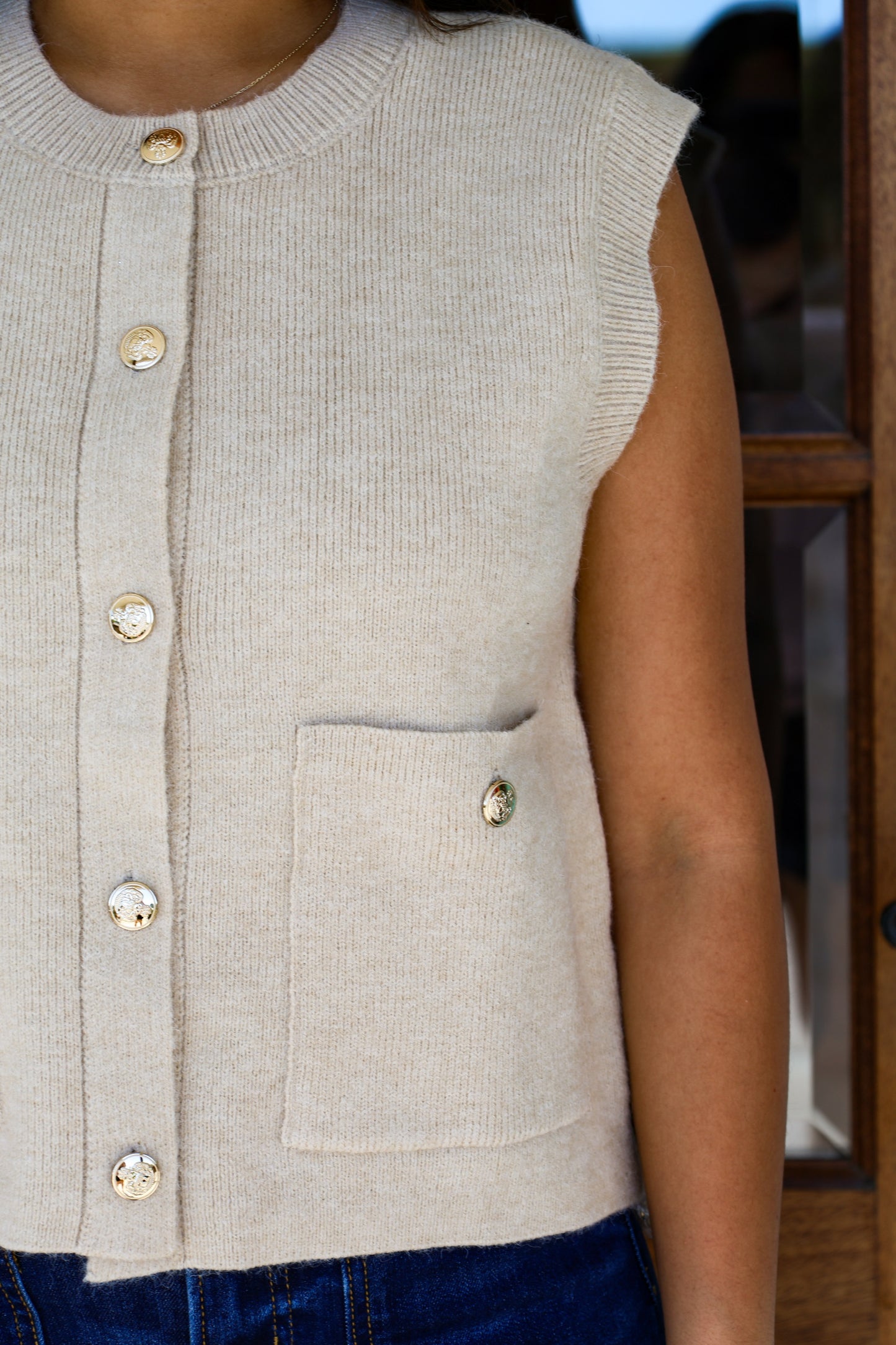 Ecru Vest Gold Button Detail Top