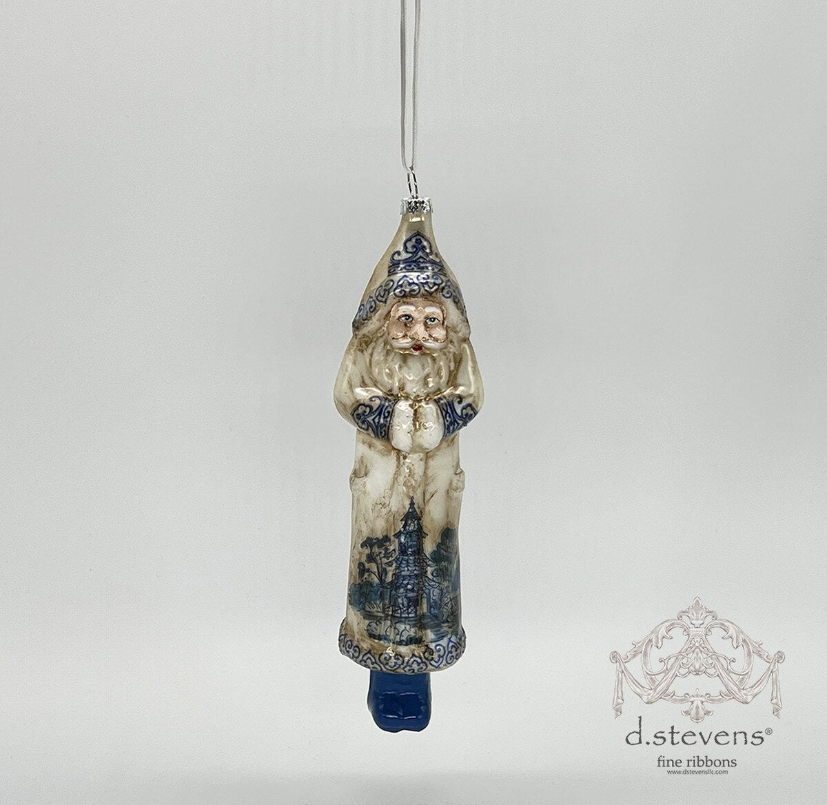 Blue Cream Glass Santa Ornament