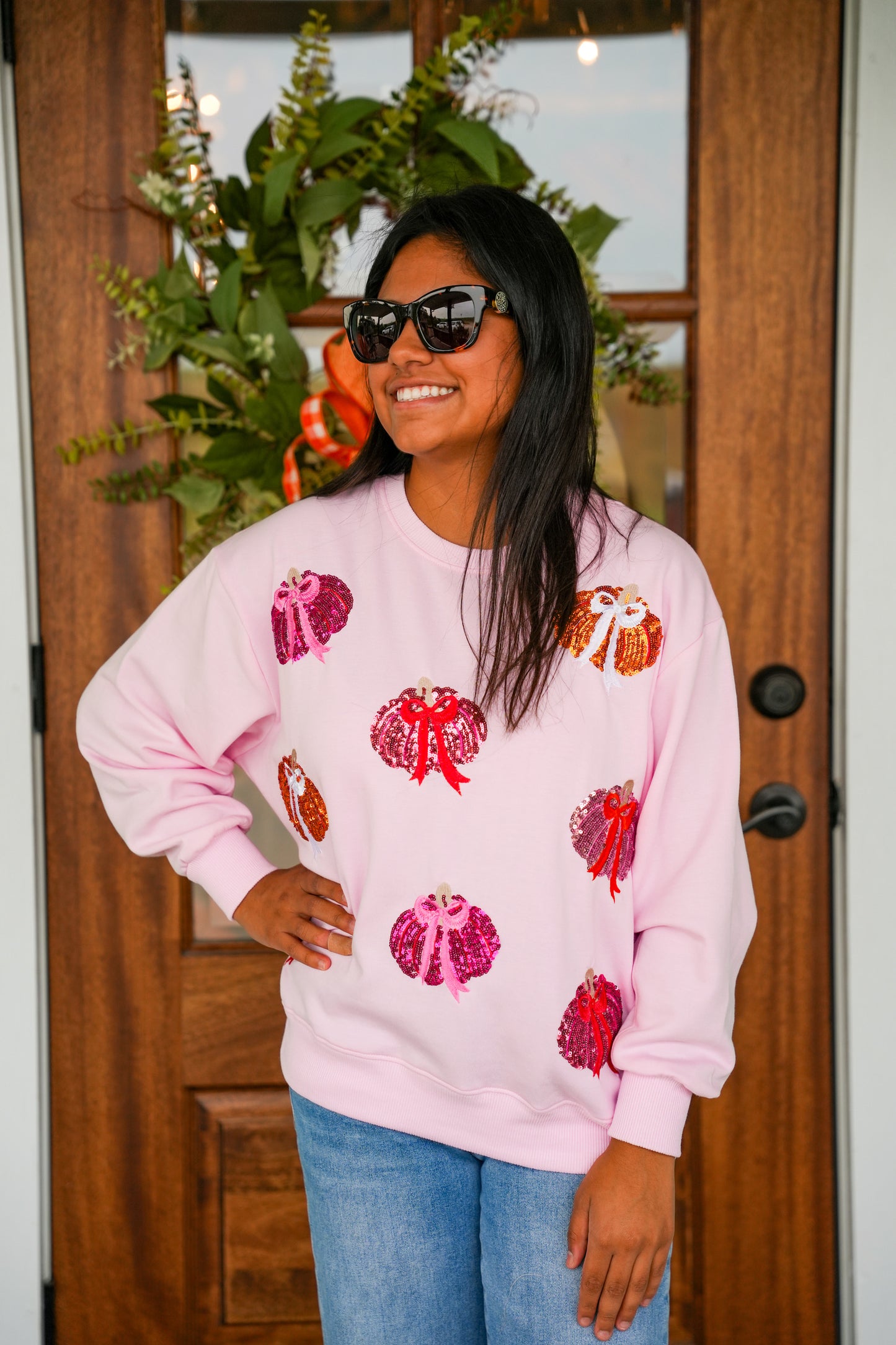 Pink Sarah Pumpkin Bow Sweatshirt