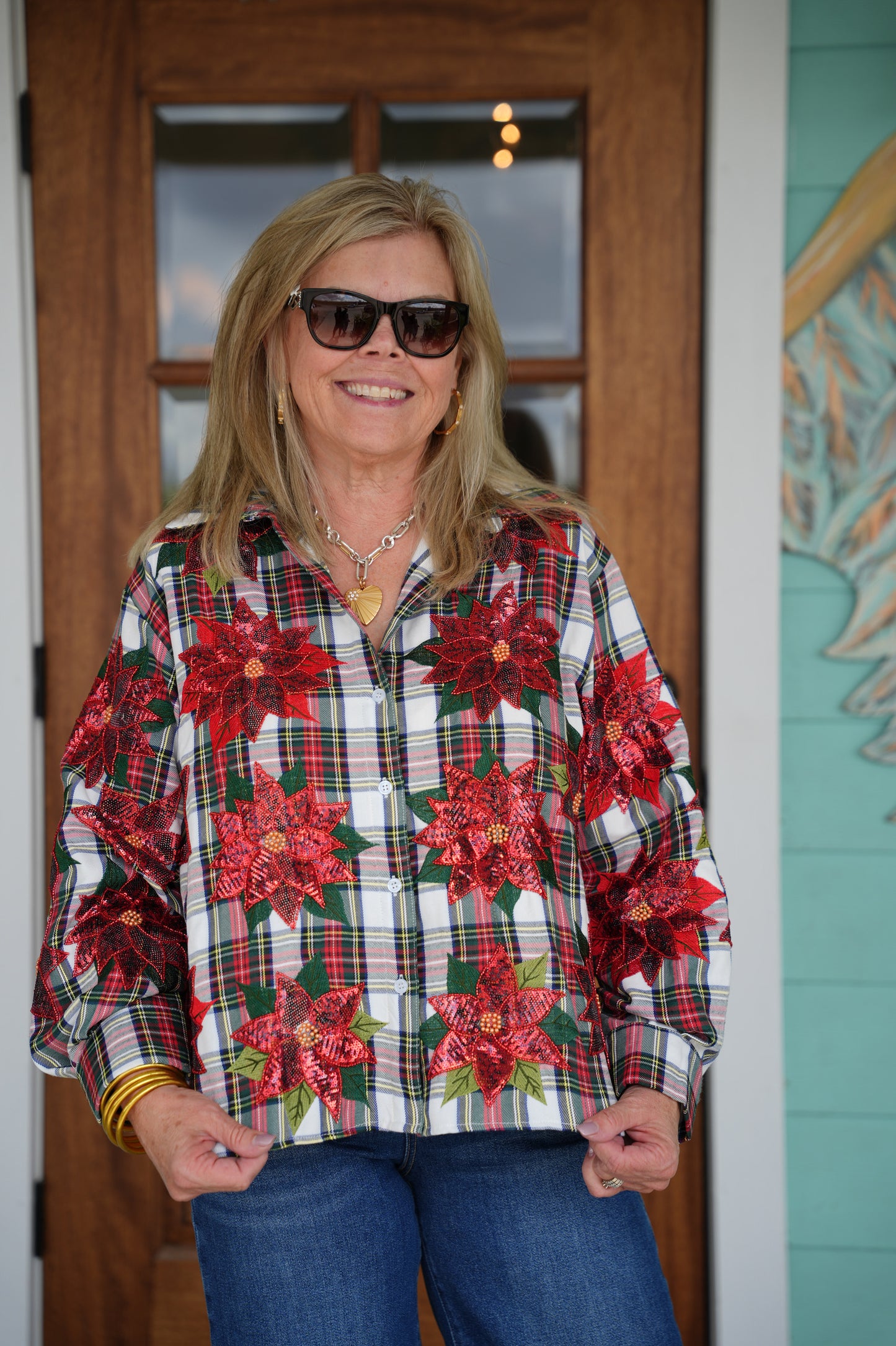 Queen of Sparkles Red Plaid Poinsettia Top