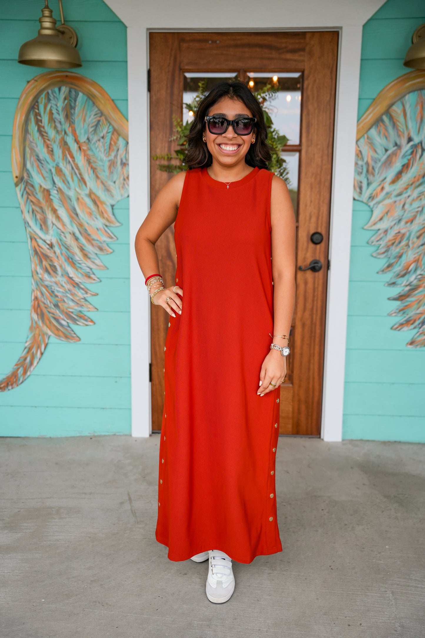 Rust Gold Button Maxi Dress