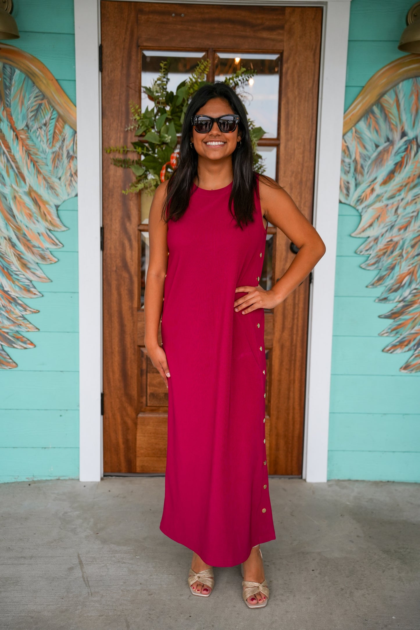 Cranberry Gold Button Maxi Dress