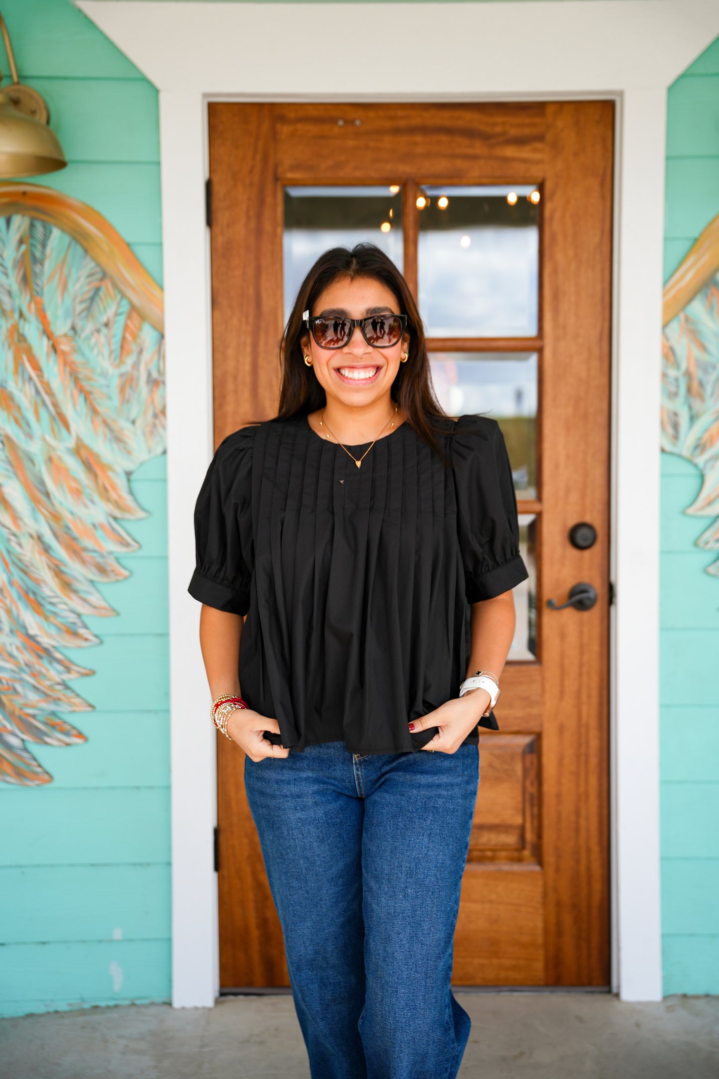Black Short Sleeve Pintuck Top