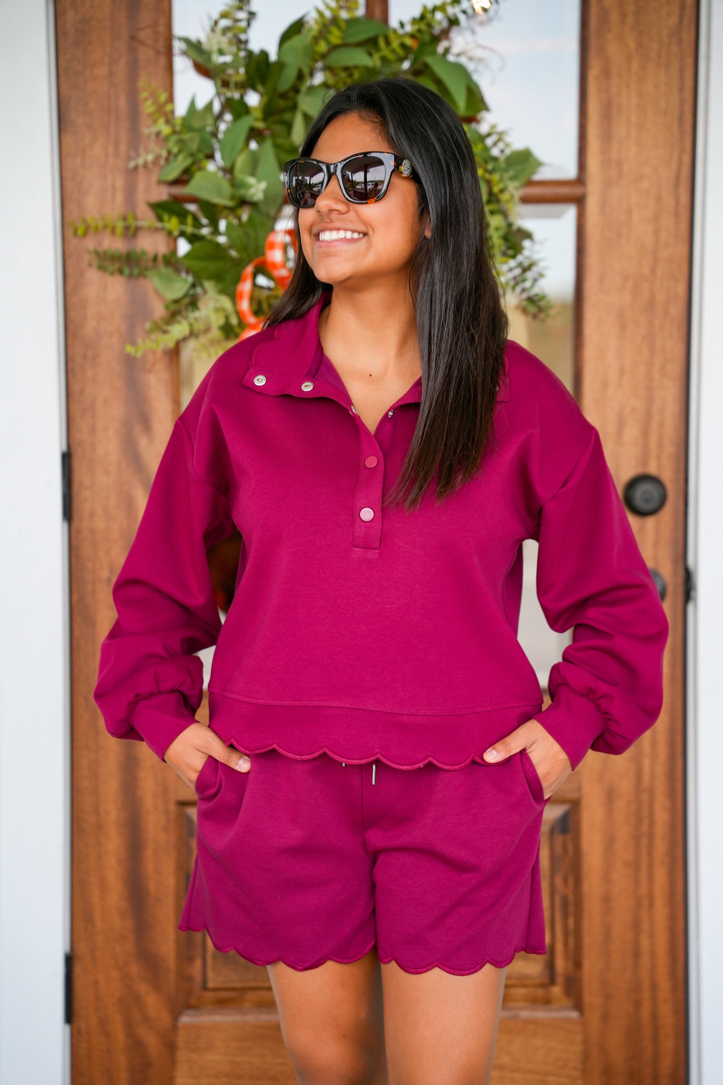 Burgundy Scallop Detail Shorts