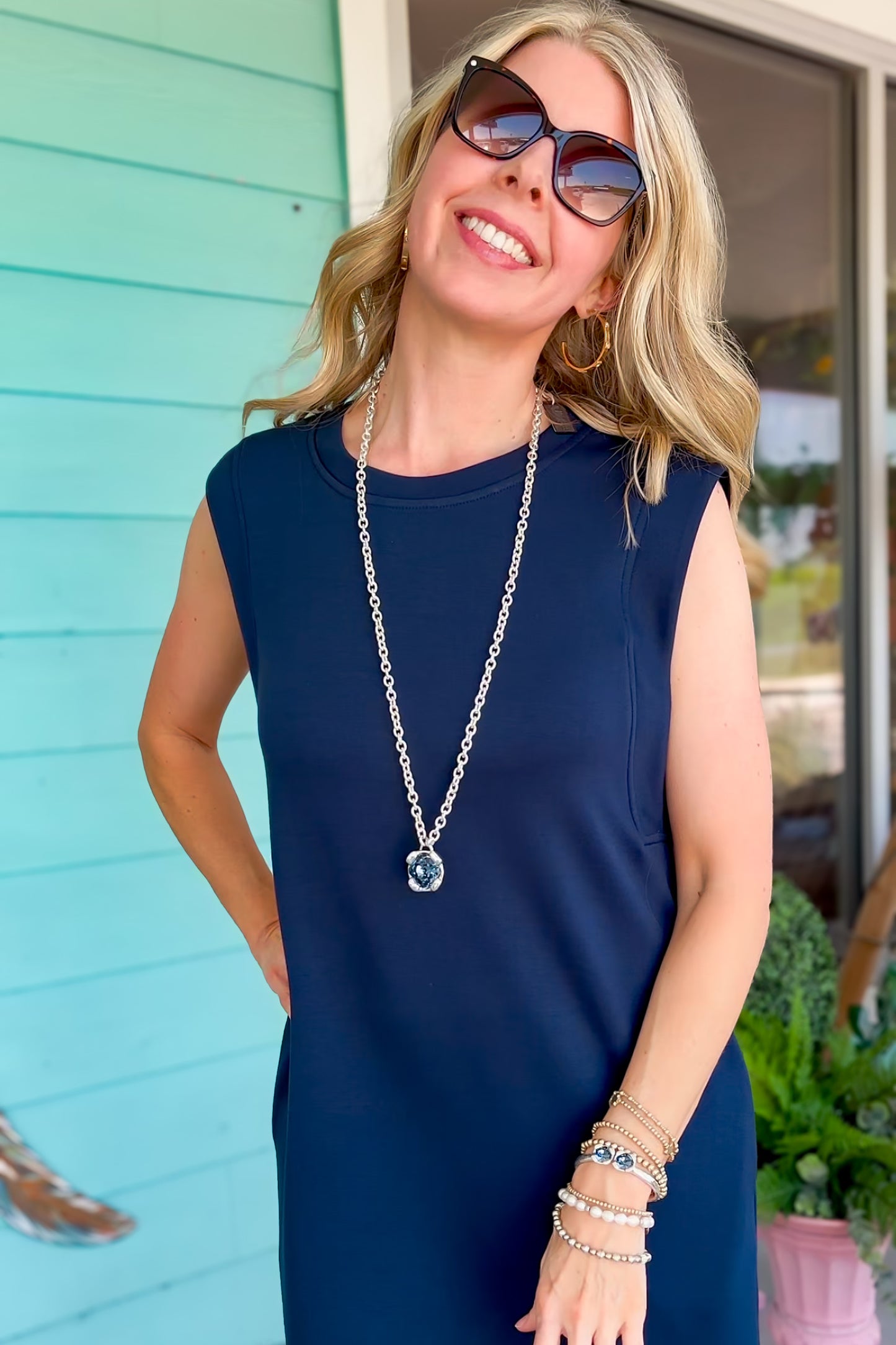 Navy Knit Side Slit Midi Dress