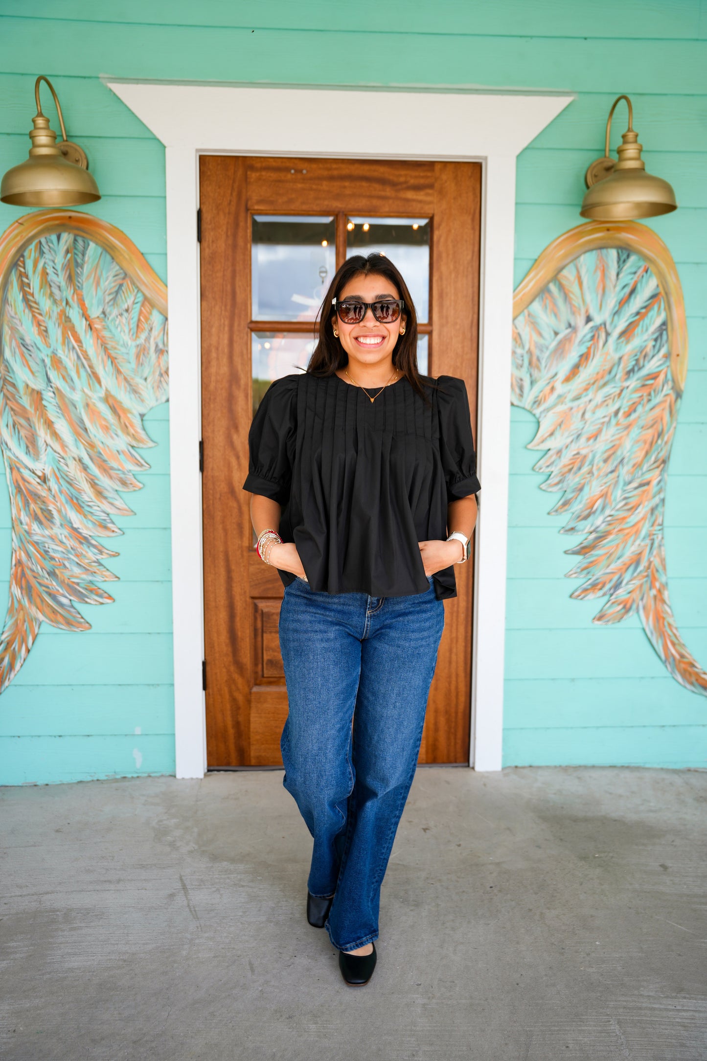 Black Short Sleeve Pintuck Top
