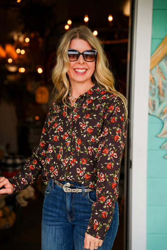 Chocolate Floral Watercolor Button Down Top