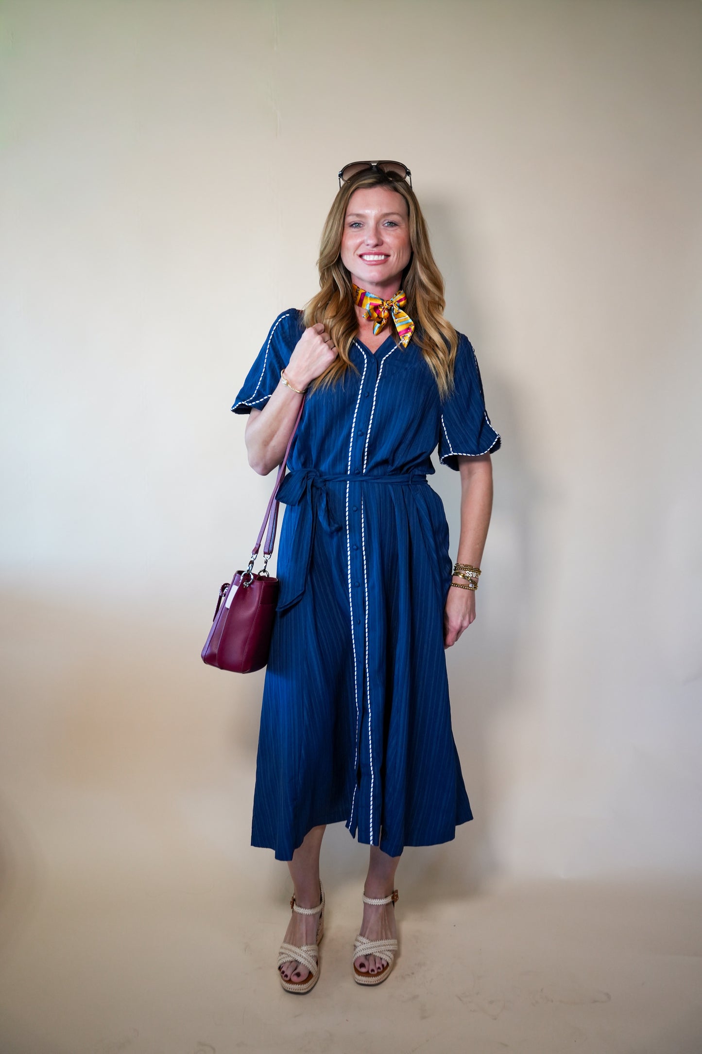 Navy Contrast Detail Belt Dress