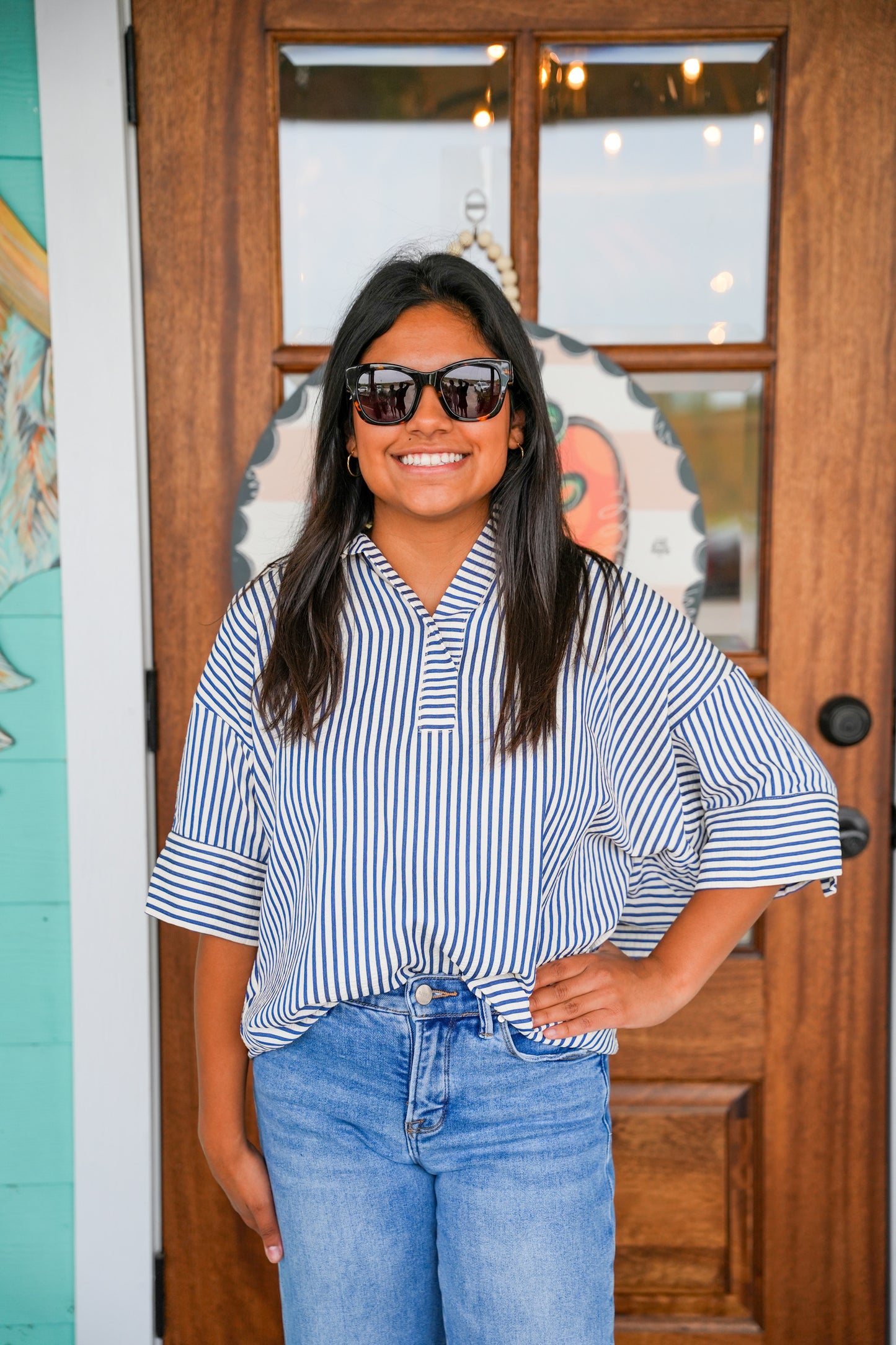 Navy Striped Oversized Top