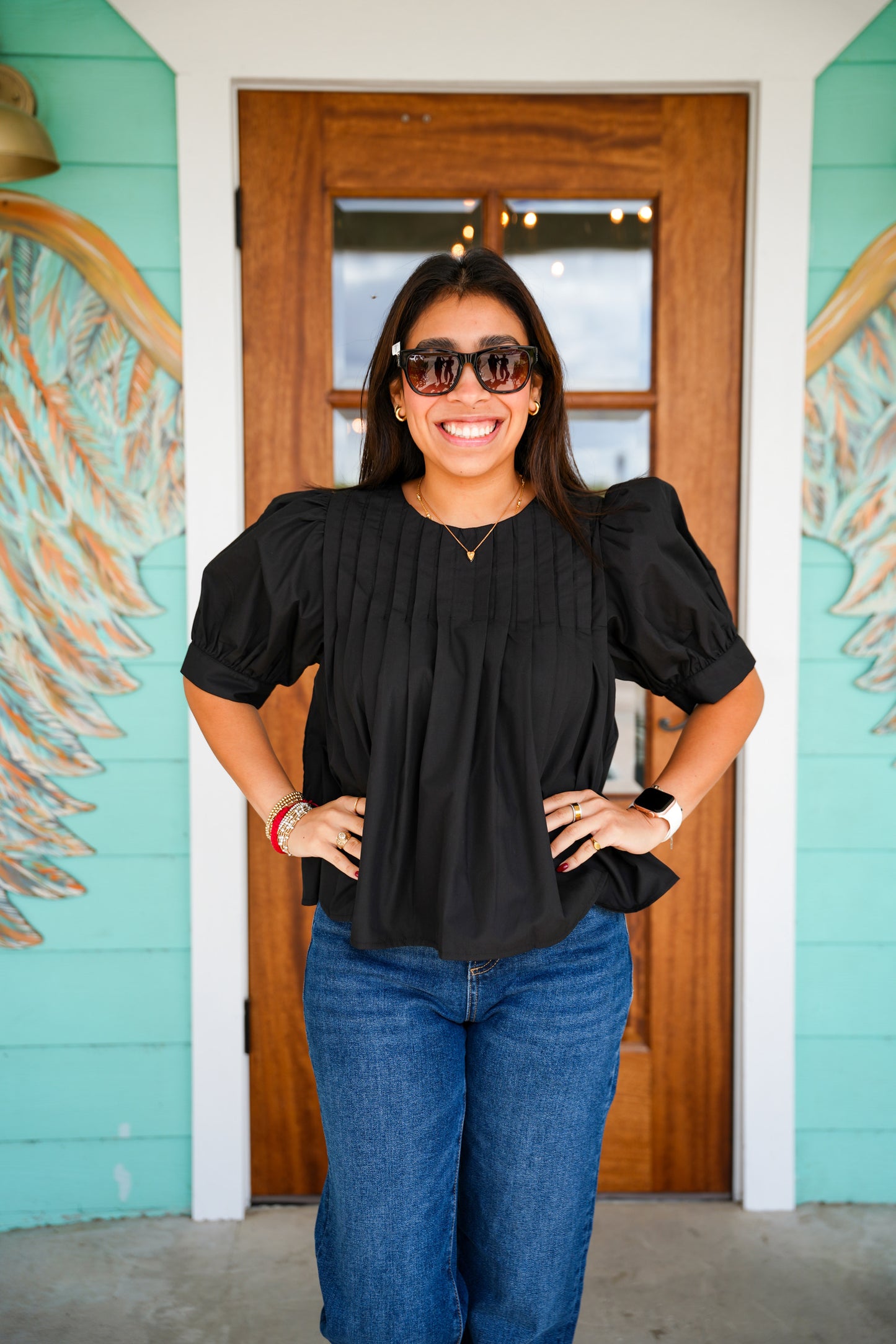 Black Short Sleeve Pintuck Top