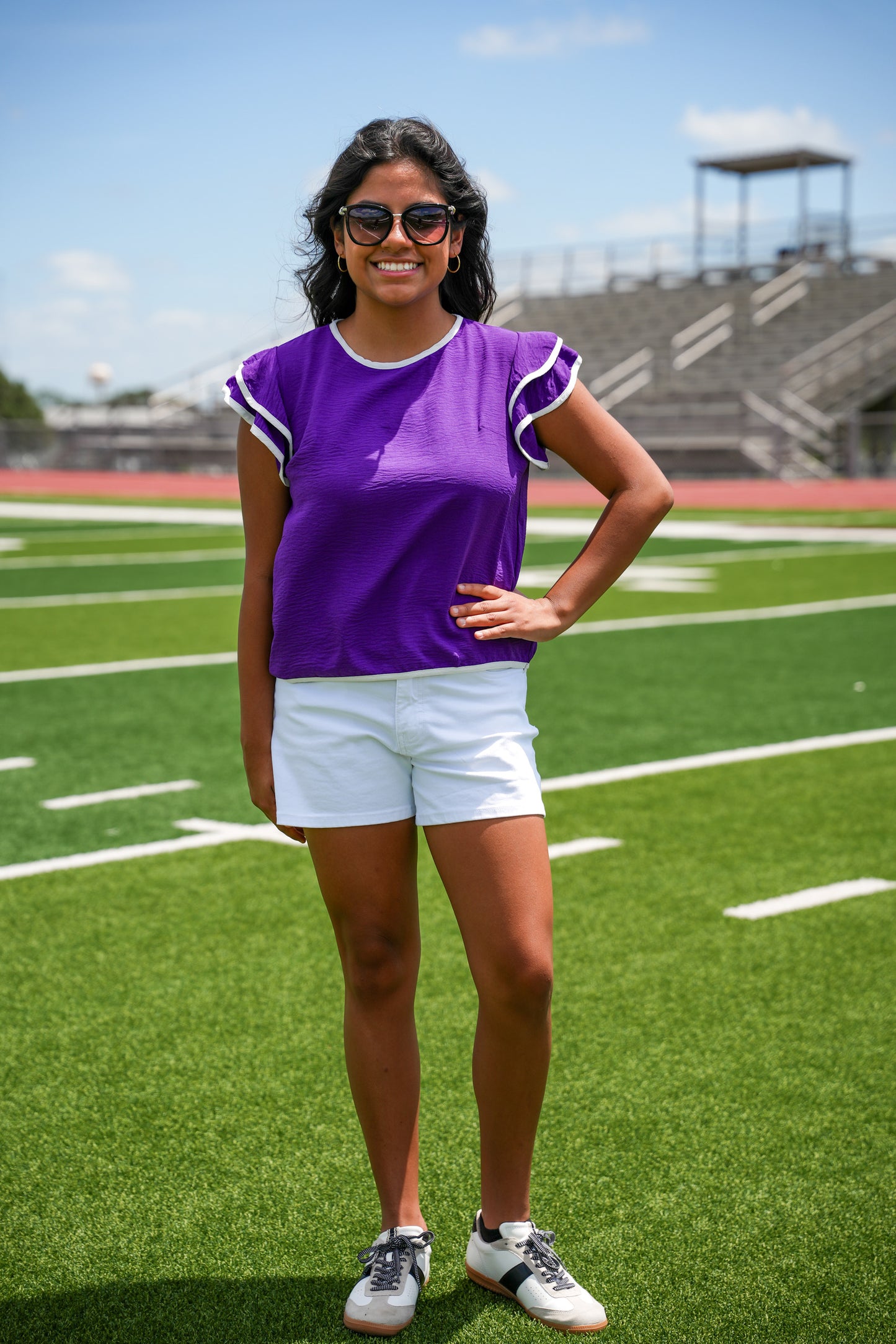 Purple Contrast Piping Ruffle Sleeve Top