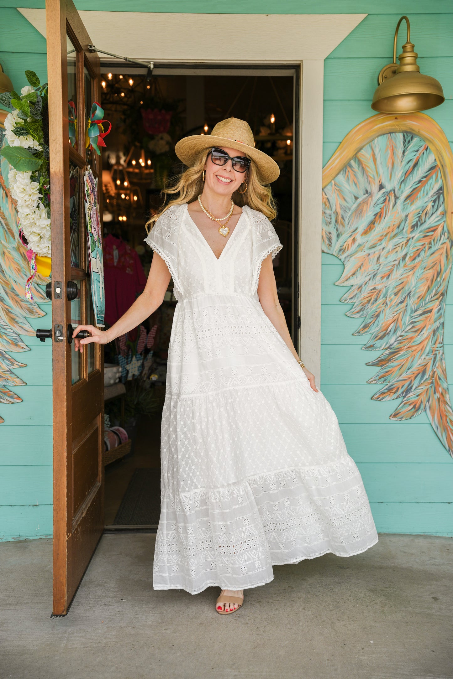 White Eyelet Pearl Detail Maxi Dress