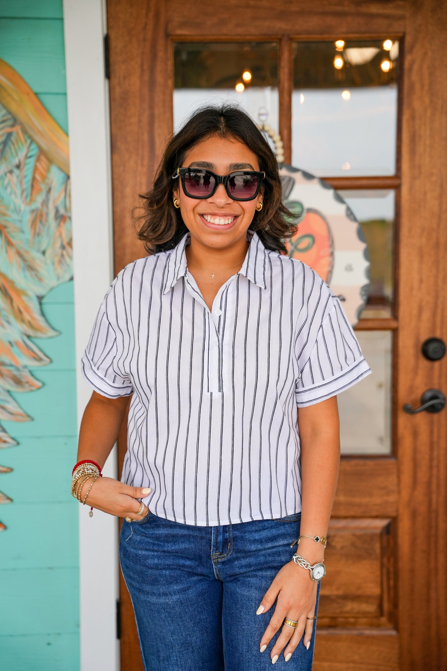 Black Striped Short Sleeve Button Top