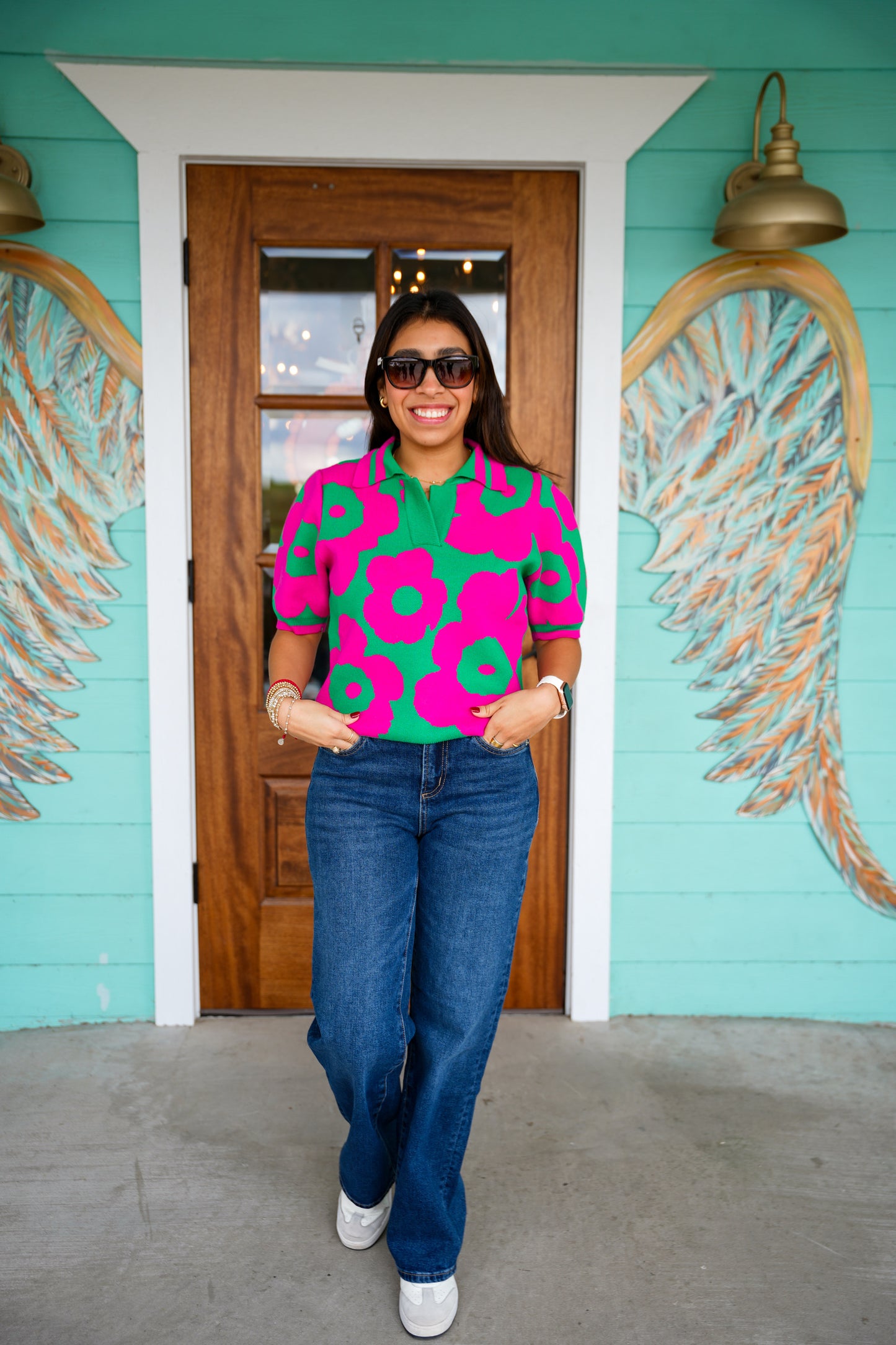 Magenta & Green Floral Sweater Top