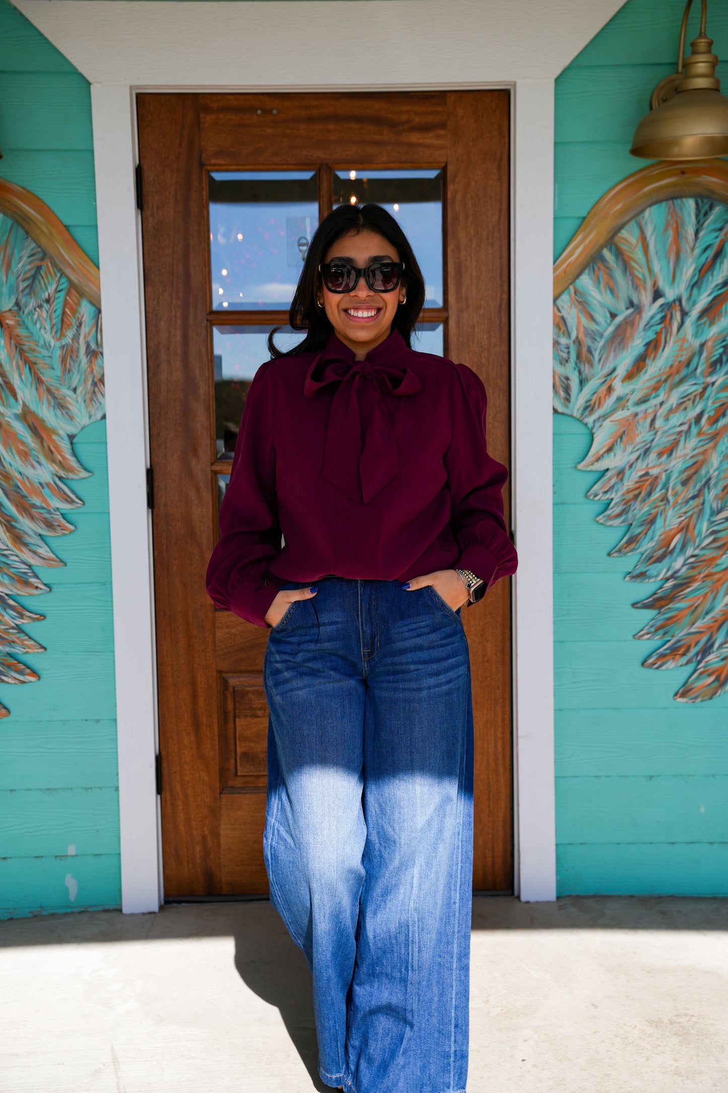 Wine Anastesia Neck Tie Detail Top