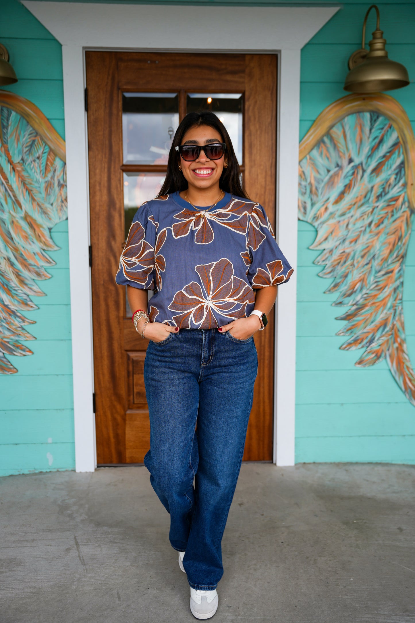 Blue Floral Embroidered Top