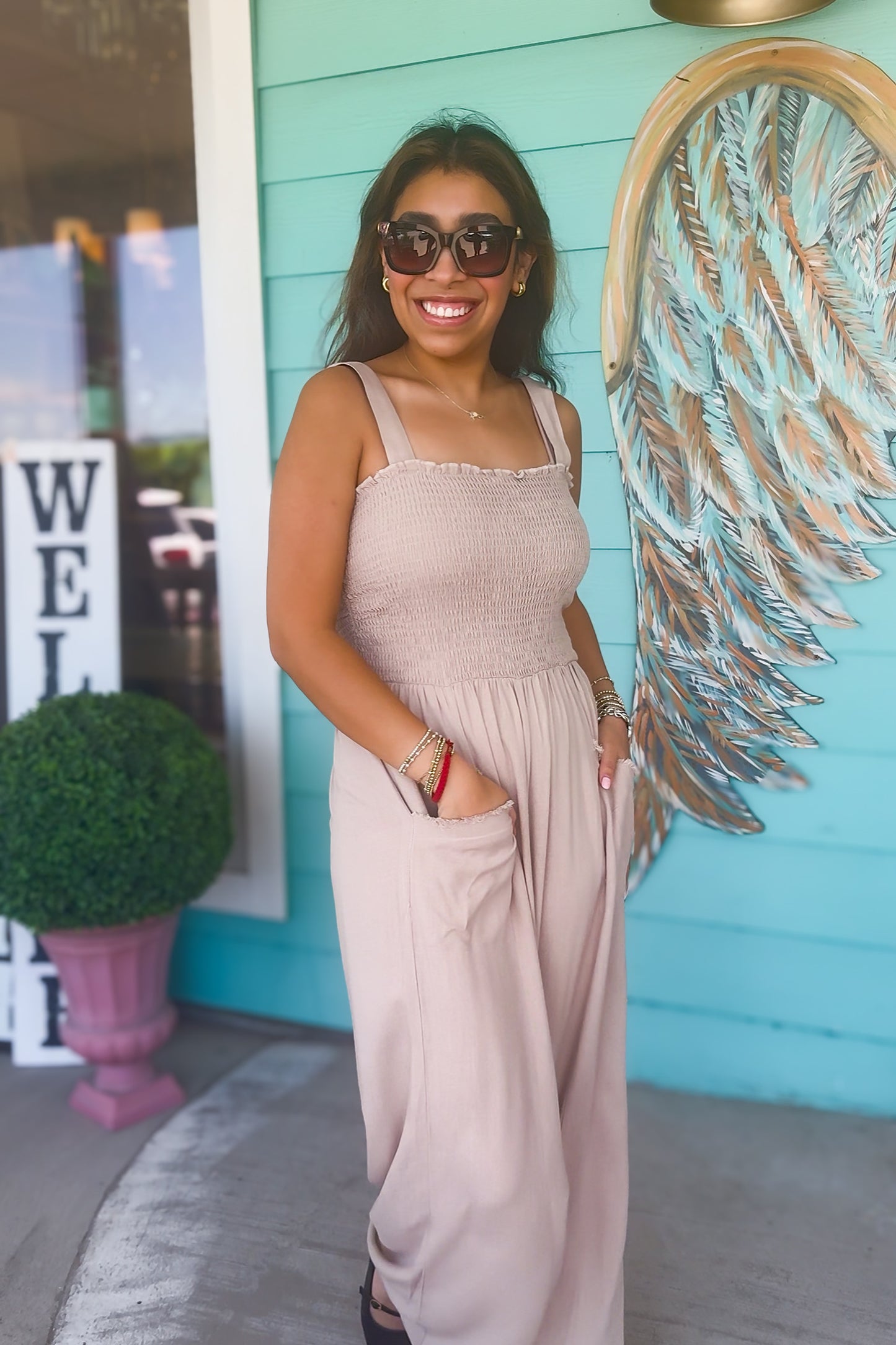 Latte Smocked Detail Jumpsuit