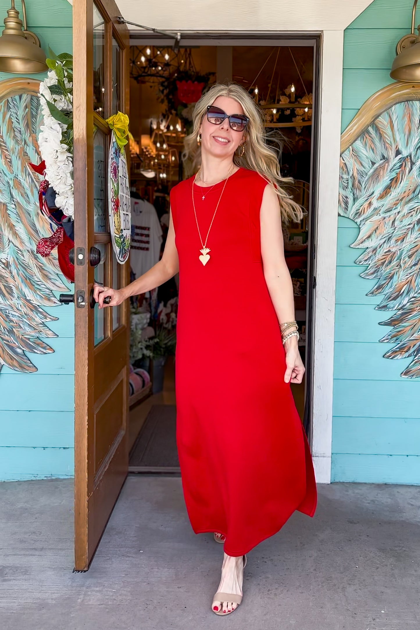 Red Knit Side Slit Midi Dress