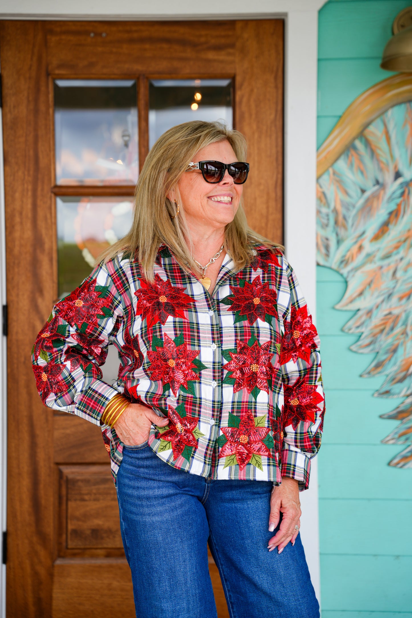 Queen of Sparkles Red Plaid Poinsettia Top