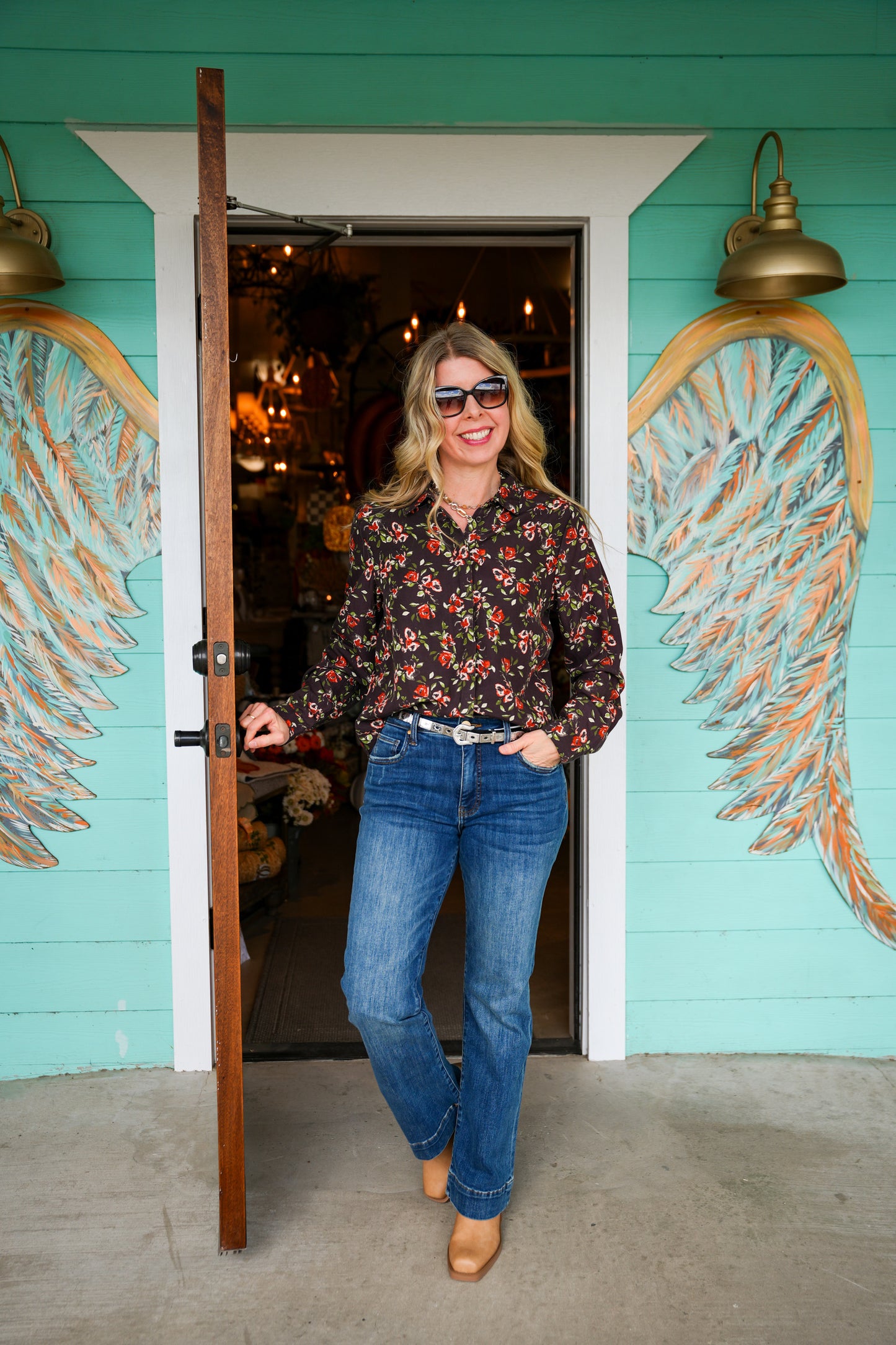 Chocolate Floral Watercolor Button Down Top