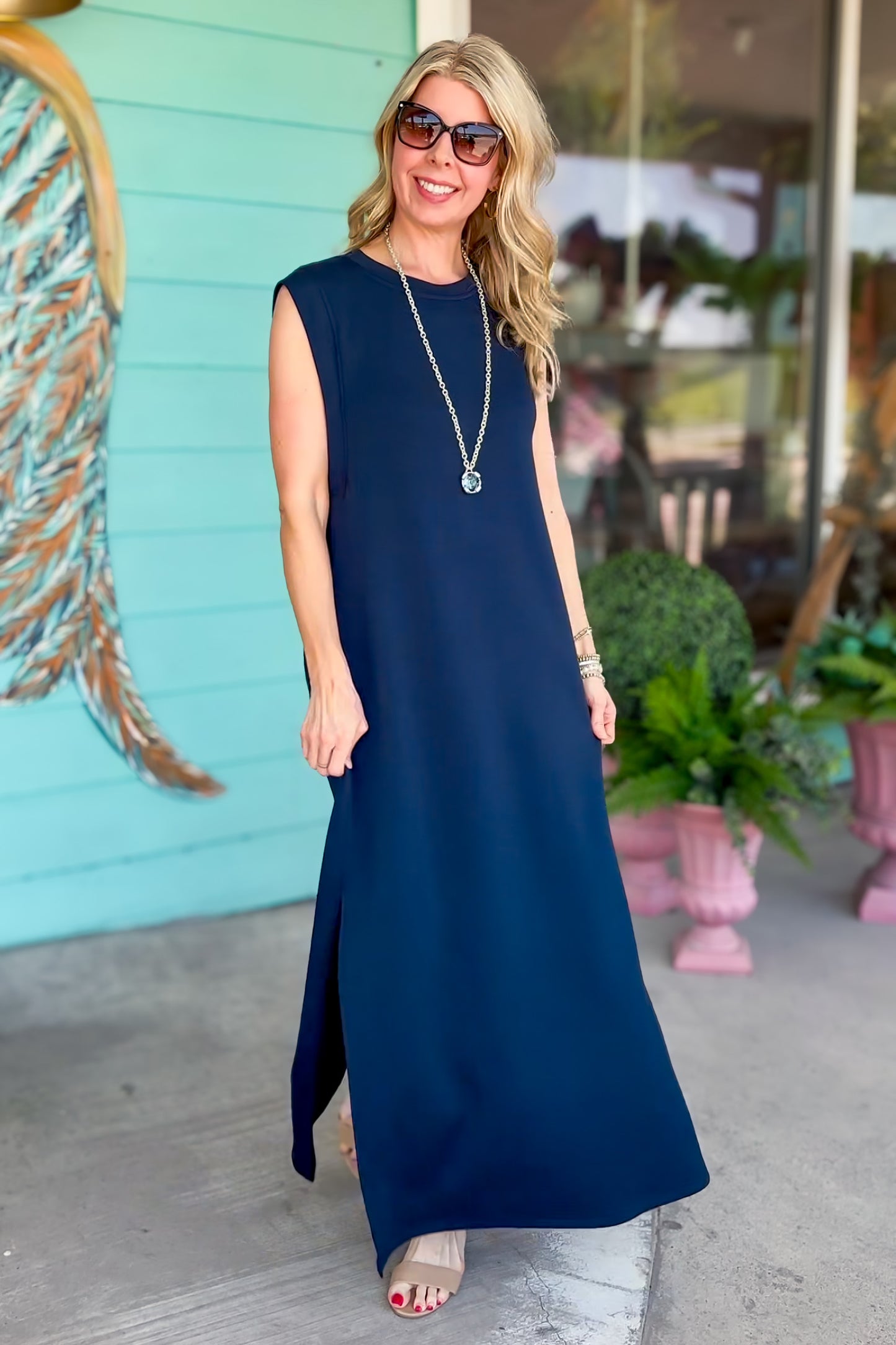 Navy Knit Side Slit Midi Dress