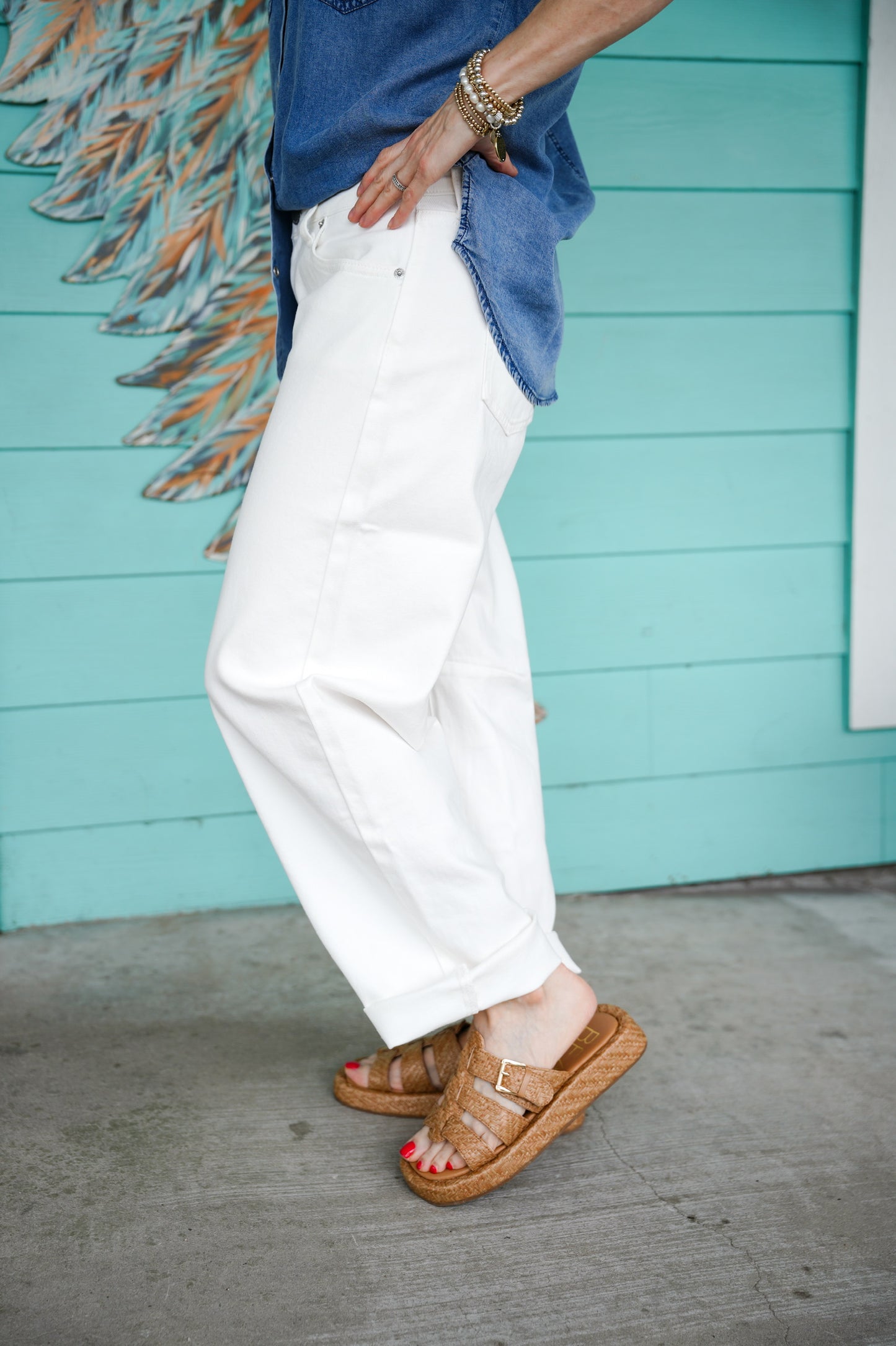 White Mid Rise Barrel Jeans