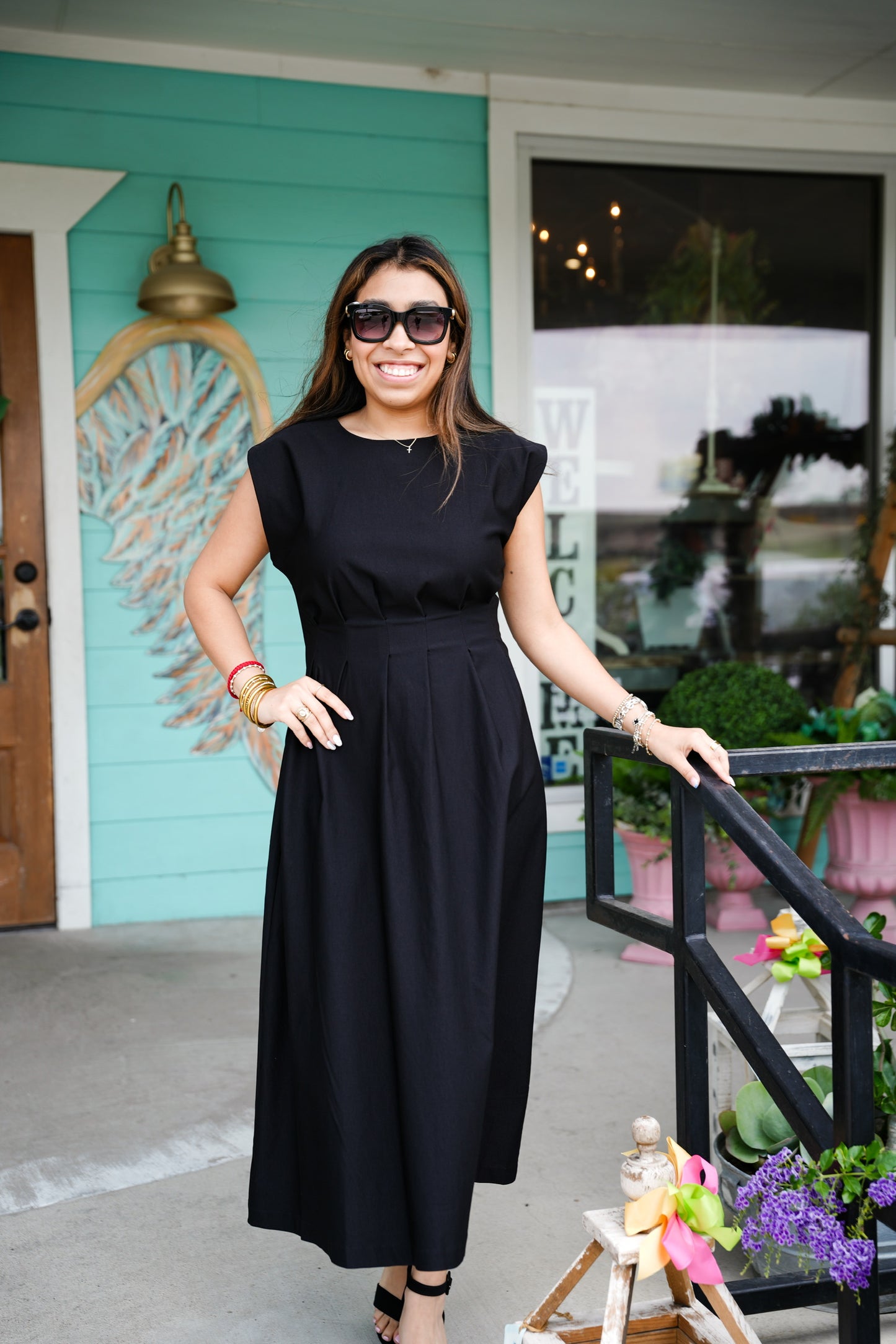 Black Pleated Waist Midi Dress