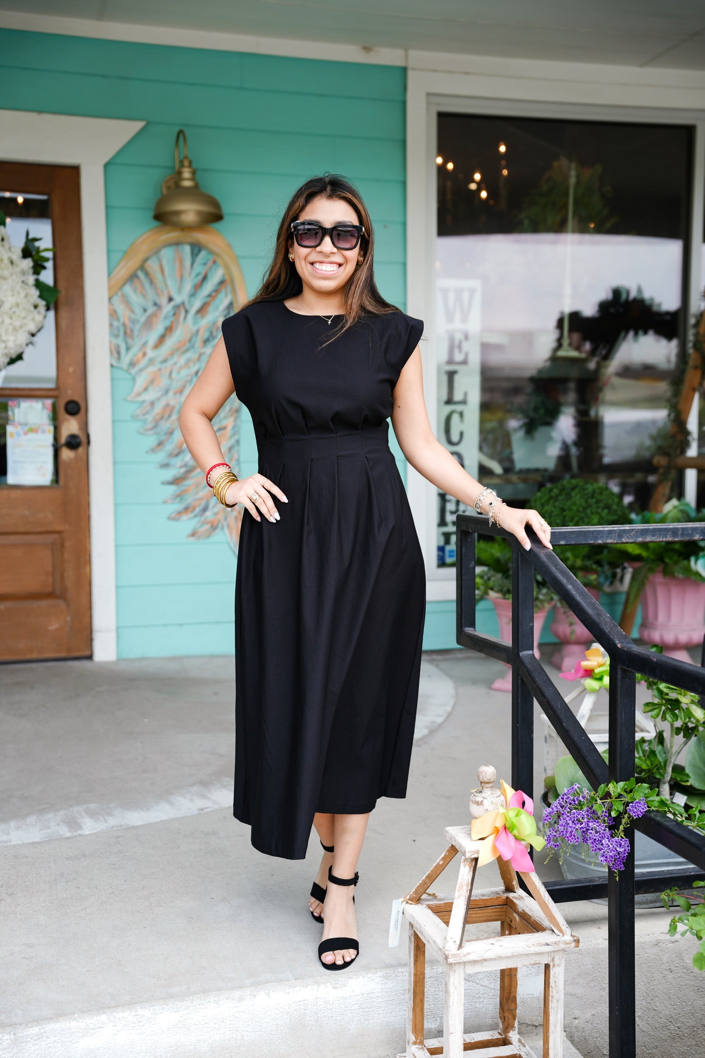 Black Pleated Waist Midi Dress