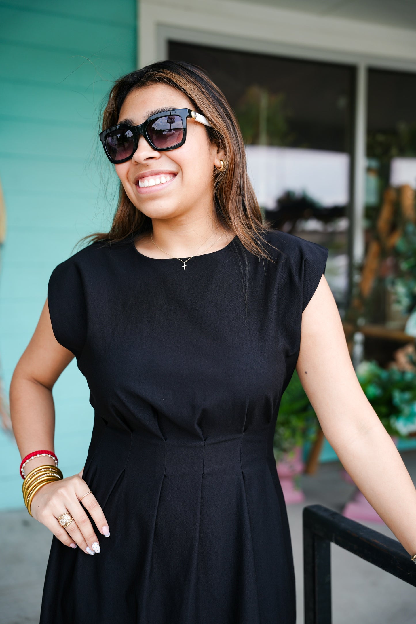Black Pleated Waist Midi Dress