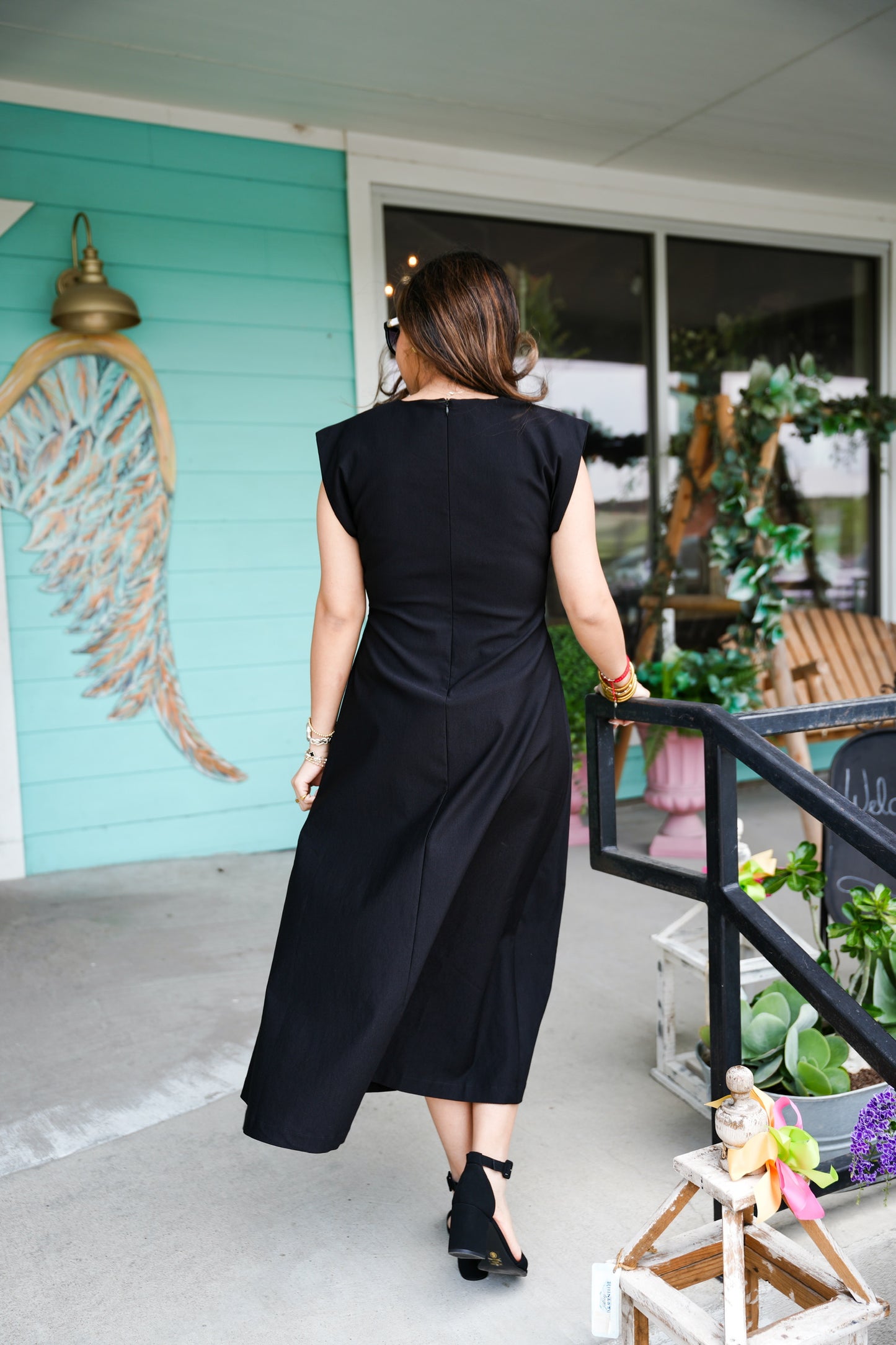 Black Pleated Waist Midi Dress